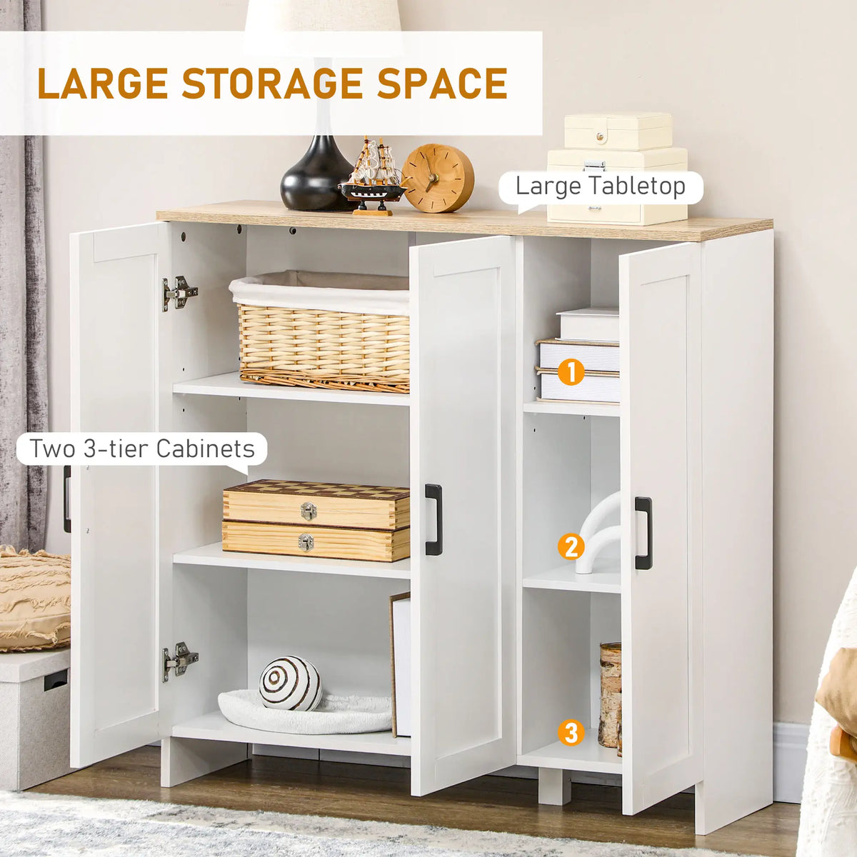 Modern Sideboard Buffet Cabinet, 3 Doors Adjustable Shelves, White Bar Cabinets at Gallery Canada