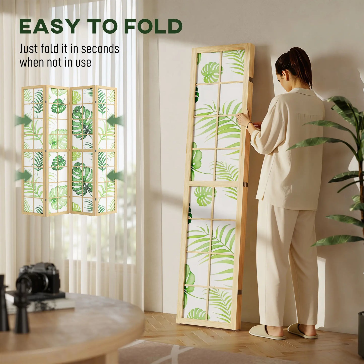 4 Panel Folding Privacy Screen, 67" Palm Leaf Design, Natural Green, Green Room Dividers at Gallery Canada