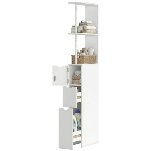 Tall Narrow Bathroom Storage Cabinet, Drawers and Open Shelves, White