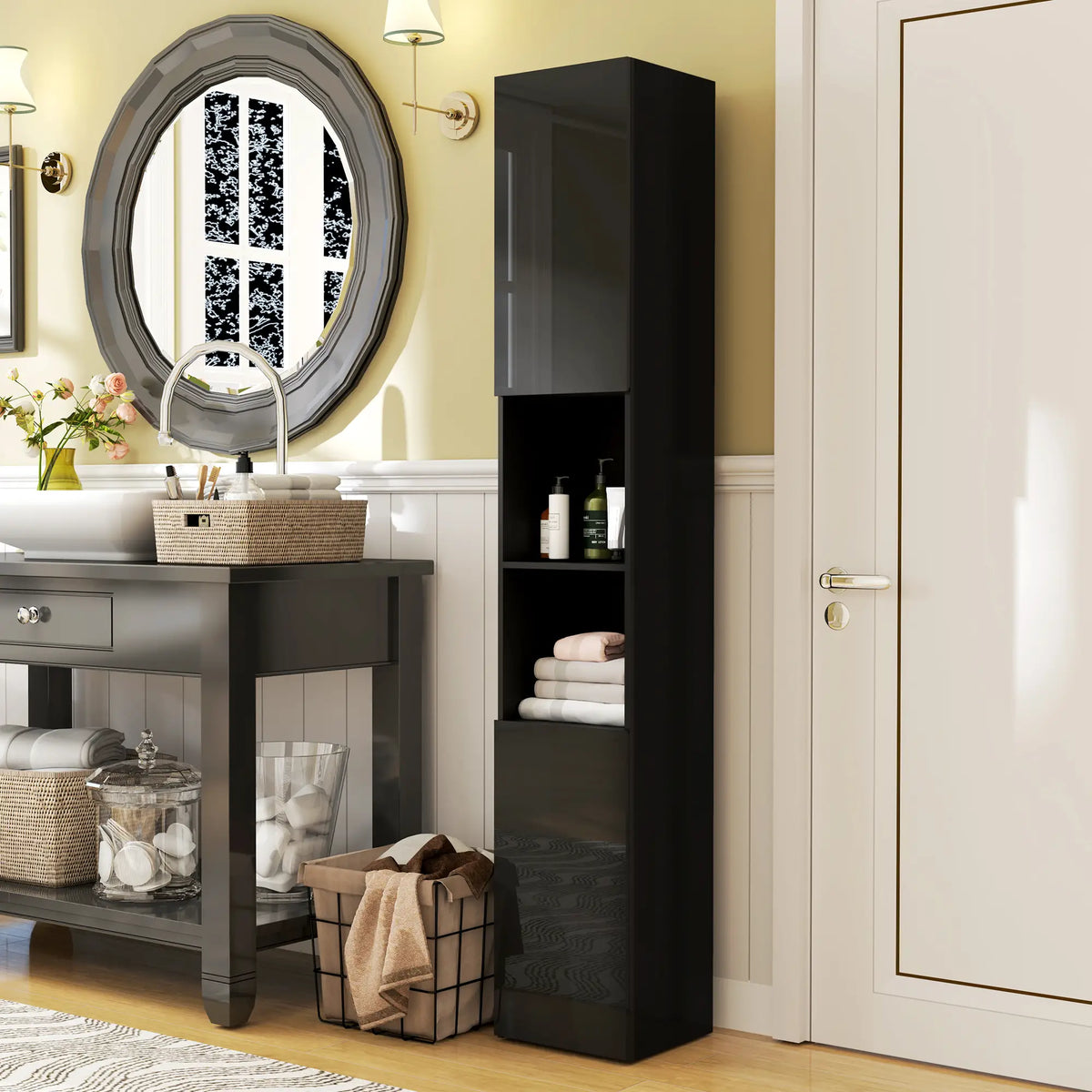 Tall Bathroom Cabinet, High Gloss Storage, Adjustable Shelves, 11.8" x 11.8" x 71.5", Black Bathroom Cabinets at Gallery Canada