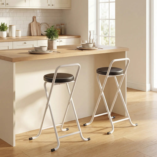 Foldable Bar Stools Set Of 2, PU Cushioned Seat, Footrest, Black