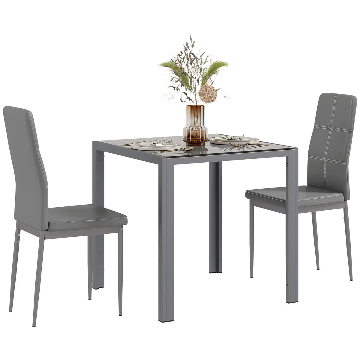 3-Piece Rectangular Glass Dining Table, Metal Frame, Faux Leather Chairs, Grey Bar Sets at Gallery Canada