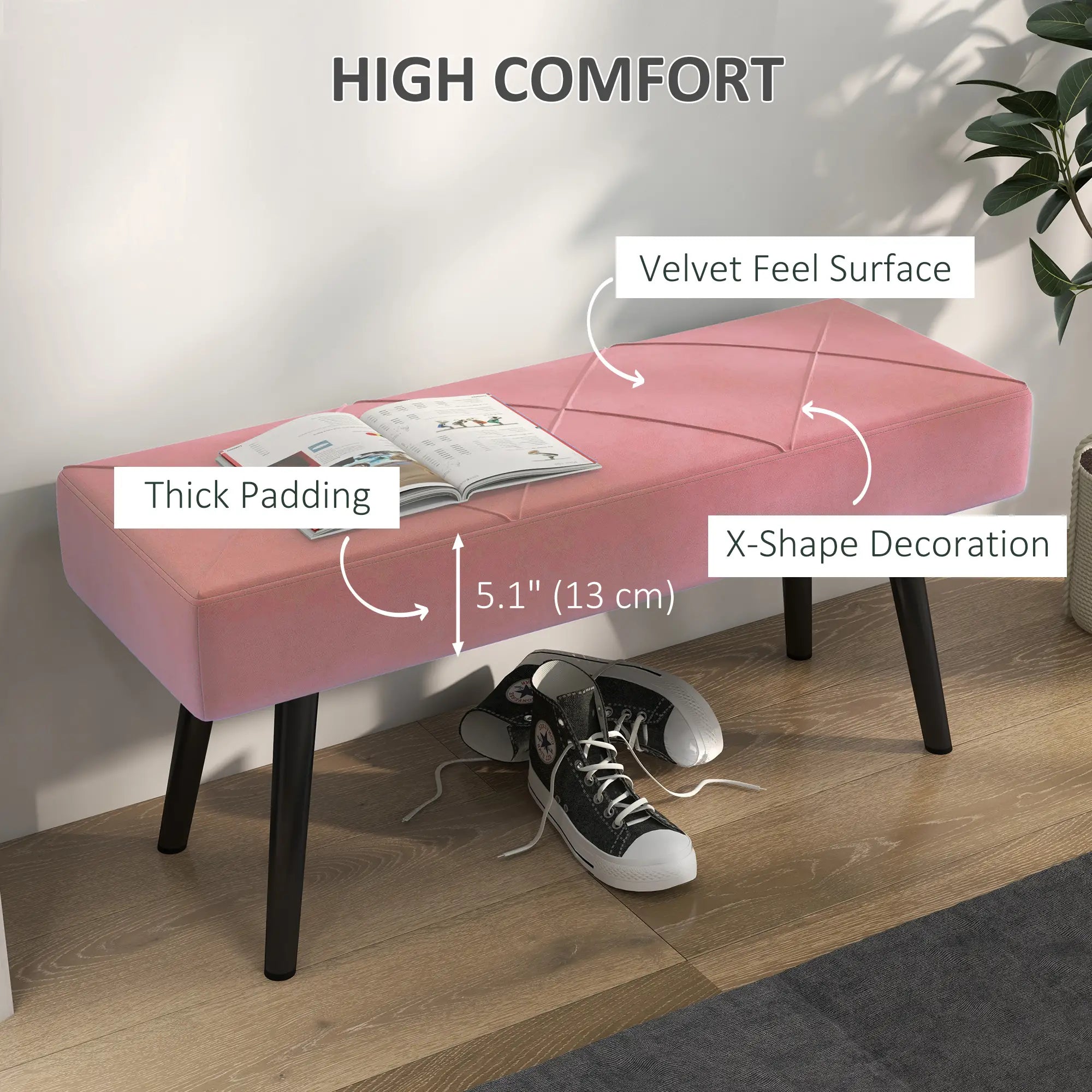39 Inches Upholstered Bedroom Bench, Modern, Steel Legs, Pink Storage Ottomans & Benches at Gallery Canada