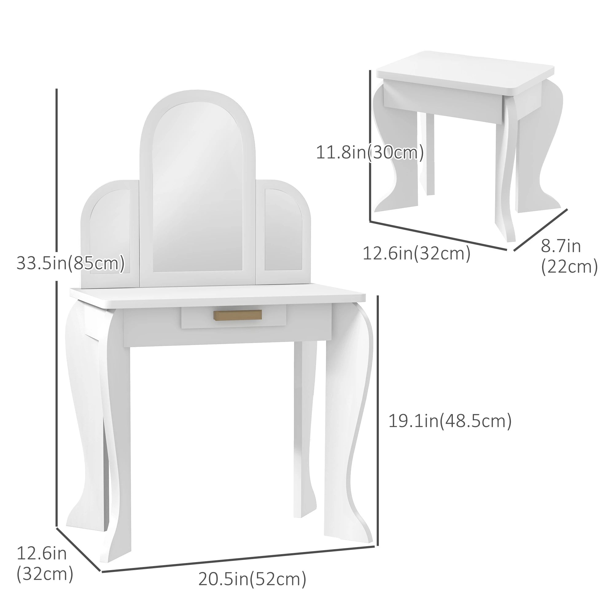 Kids Dressing Table and Chair Set, Makeup Desk with Drawer, White Toy Vanity at Gallery Canada