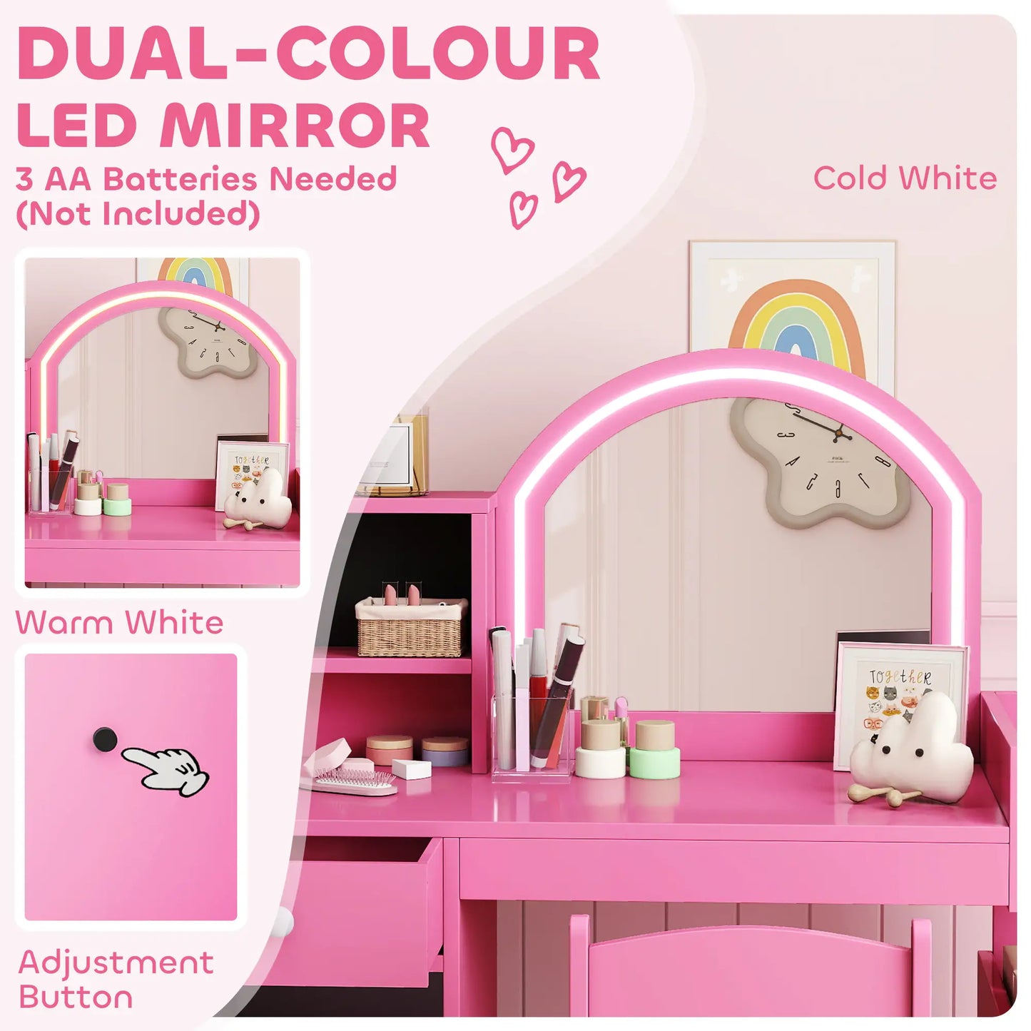Kids Vanity Set, Toddler Dressing Table and Chair, Lighted Mirror, Pink Toy Vanity at Gallery Canada