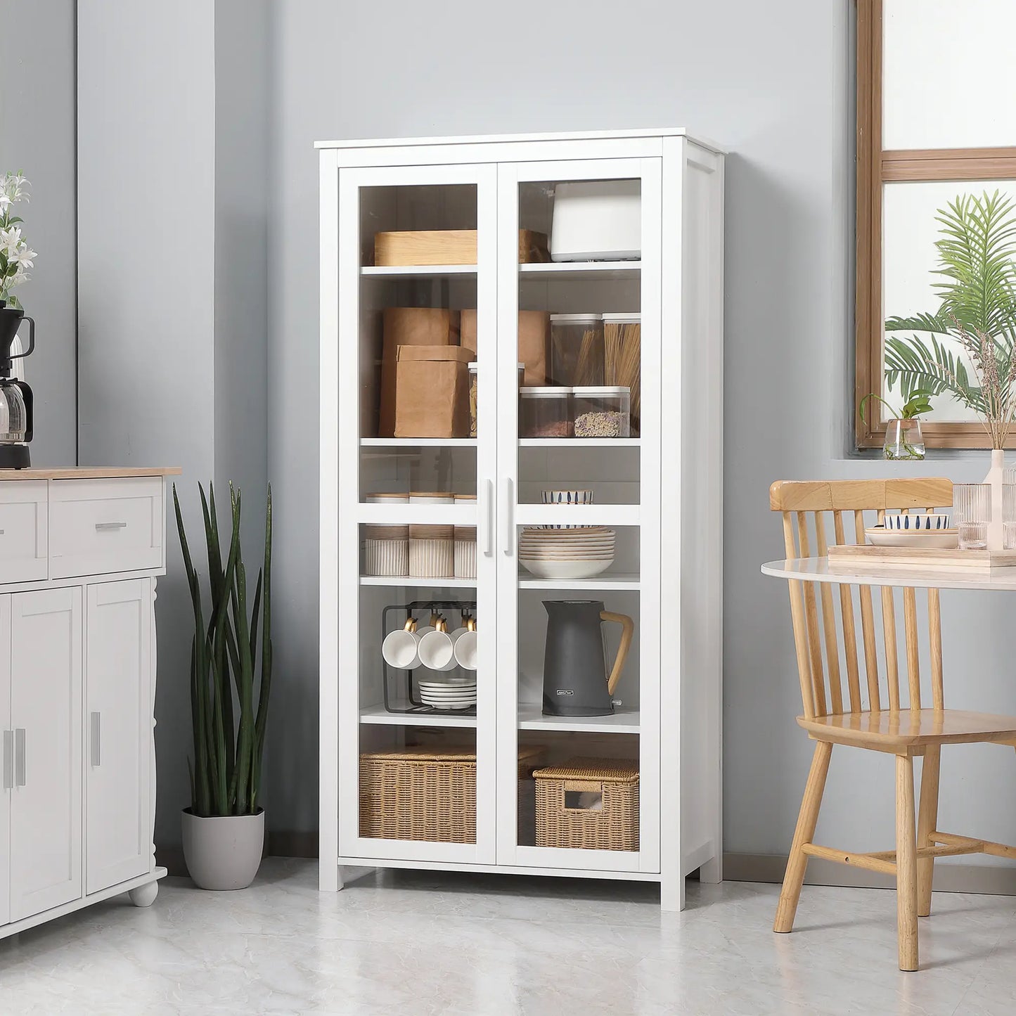 Freestanding Kitchen Pantry, 5-Tier Storage Cabinet, Adjustable Shelves, 2 Glass Doors, White Kitchen Pantry Cabinets at Gallery Canada