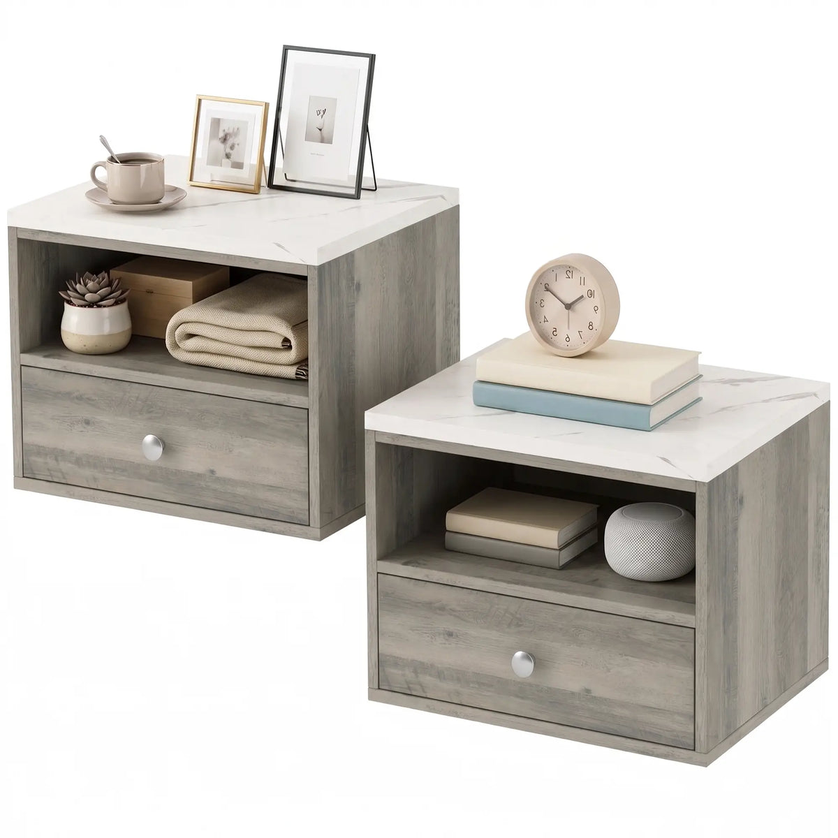 Floating Nightstands Set of 2, Drawer, Marble Top, Natural Bedside Tables Multi Colour at Gallery Canada