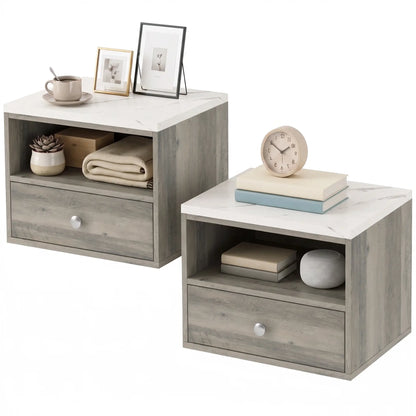 Floating Nightstands Set of 2, Drawer, Marble Top, Natural Bedside Tables Multi Colour at Gallery Canada