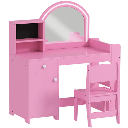 Kids Vanity Set, Toddler Dressing Table and Chair, Lighted Mirror, Pink