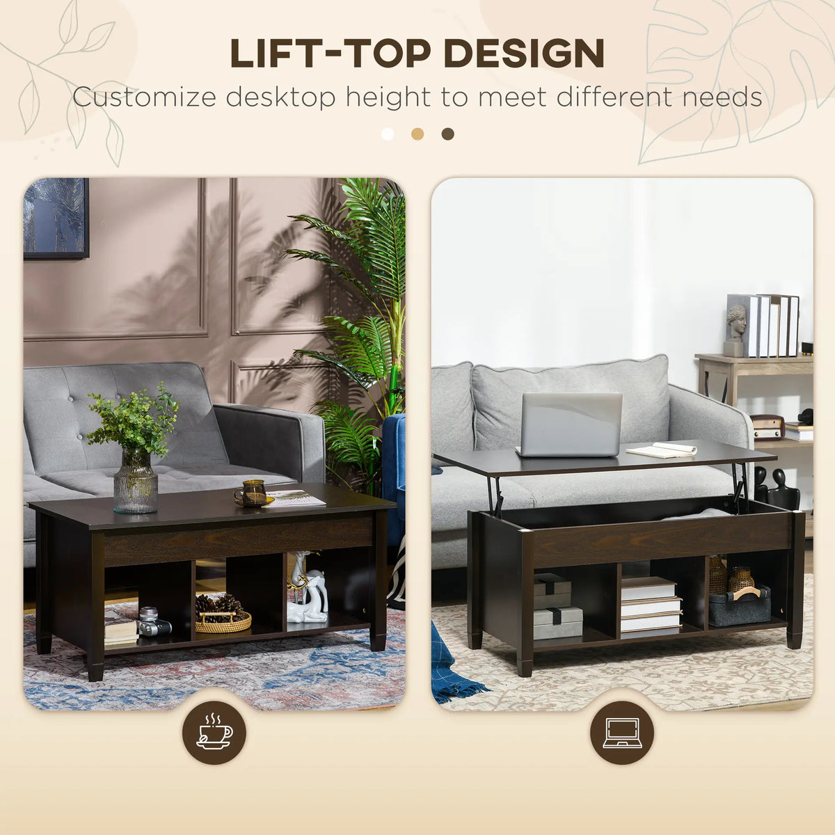 Lift Top Coffee Table, Hidden Storage, 3 Shelves, Espresso Coffee Tables at Gallery Canada