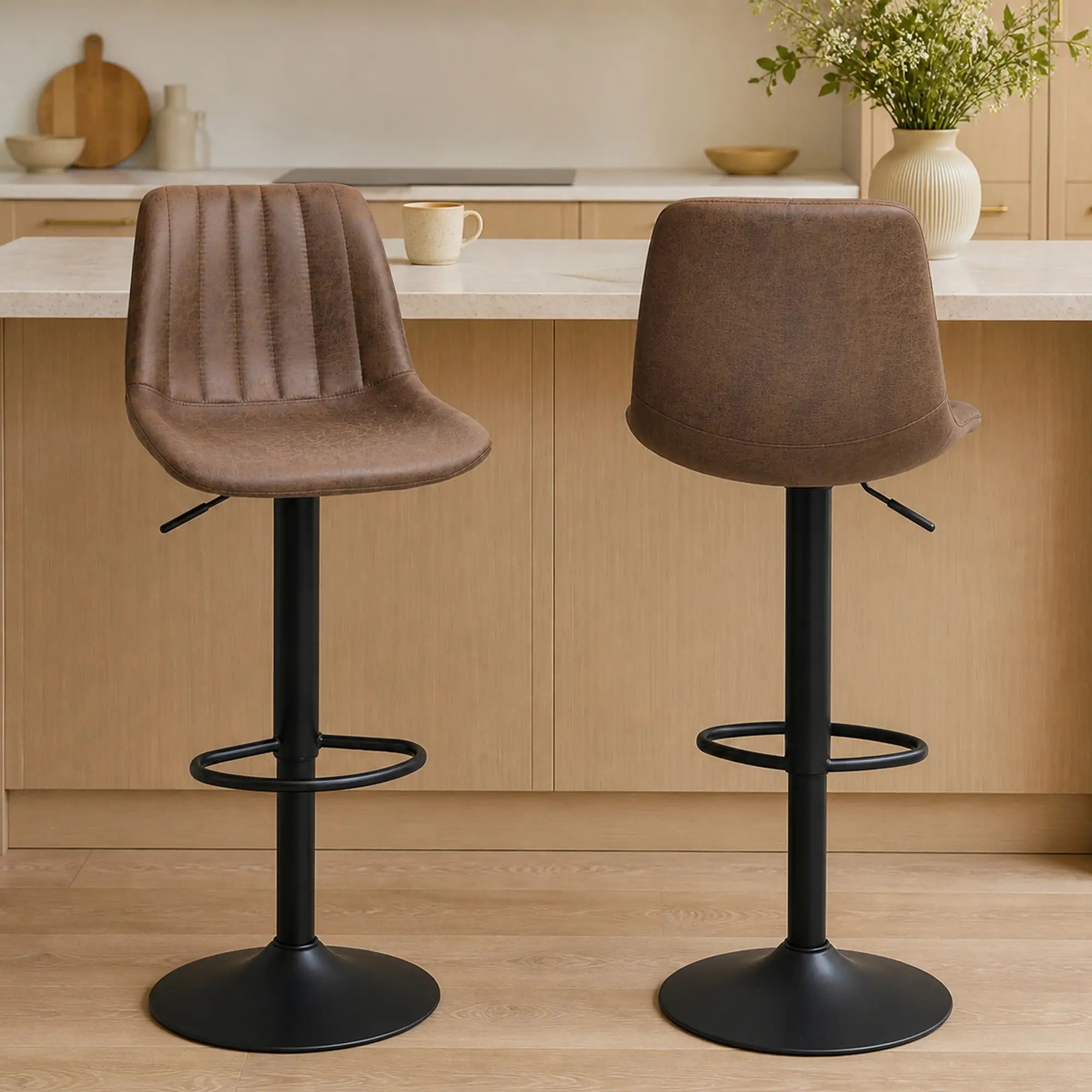 Adjustable Bar Stools Set of 2, Swivel with Back, Footrest, Brown Bar Stools at Gallery Canada
