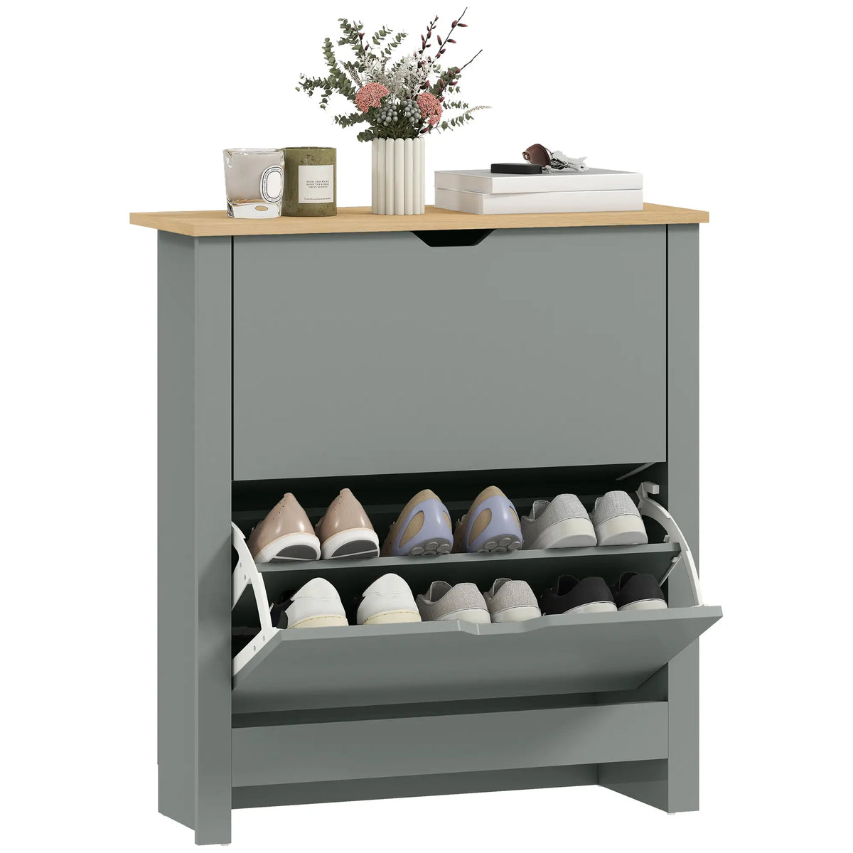 Shoe Storage Cabinet, 2 Flip Drawers, Adjustable Shelves, Light Grey Shoe Storage Cabinets & Racks at Gallery Canada