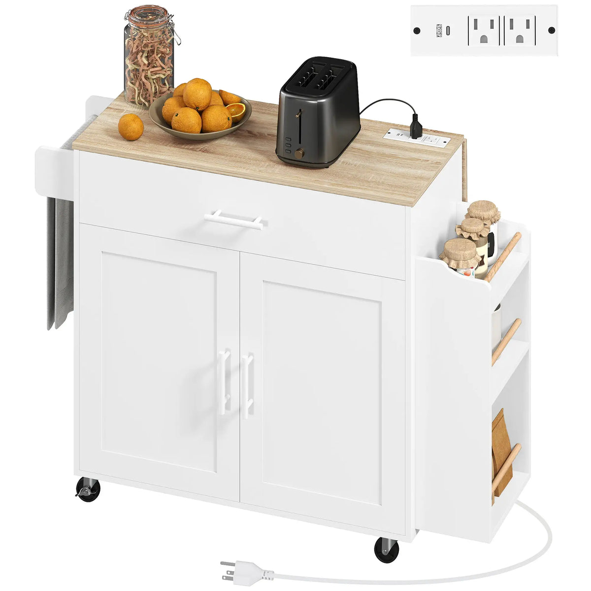 Kitchen Island with Storage, Rolling Cart, Foldable Drop Leaf, Power Outlet, USB Ports, White Kitchen Islands & Kitchen Carts Natural, White at Gallery Canada