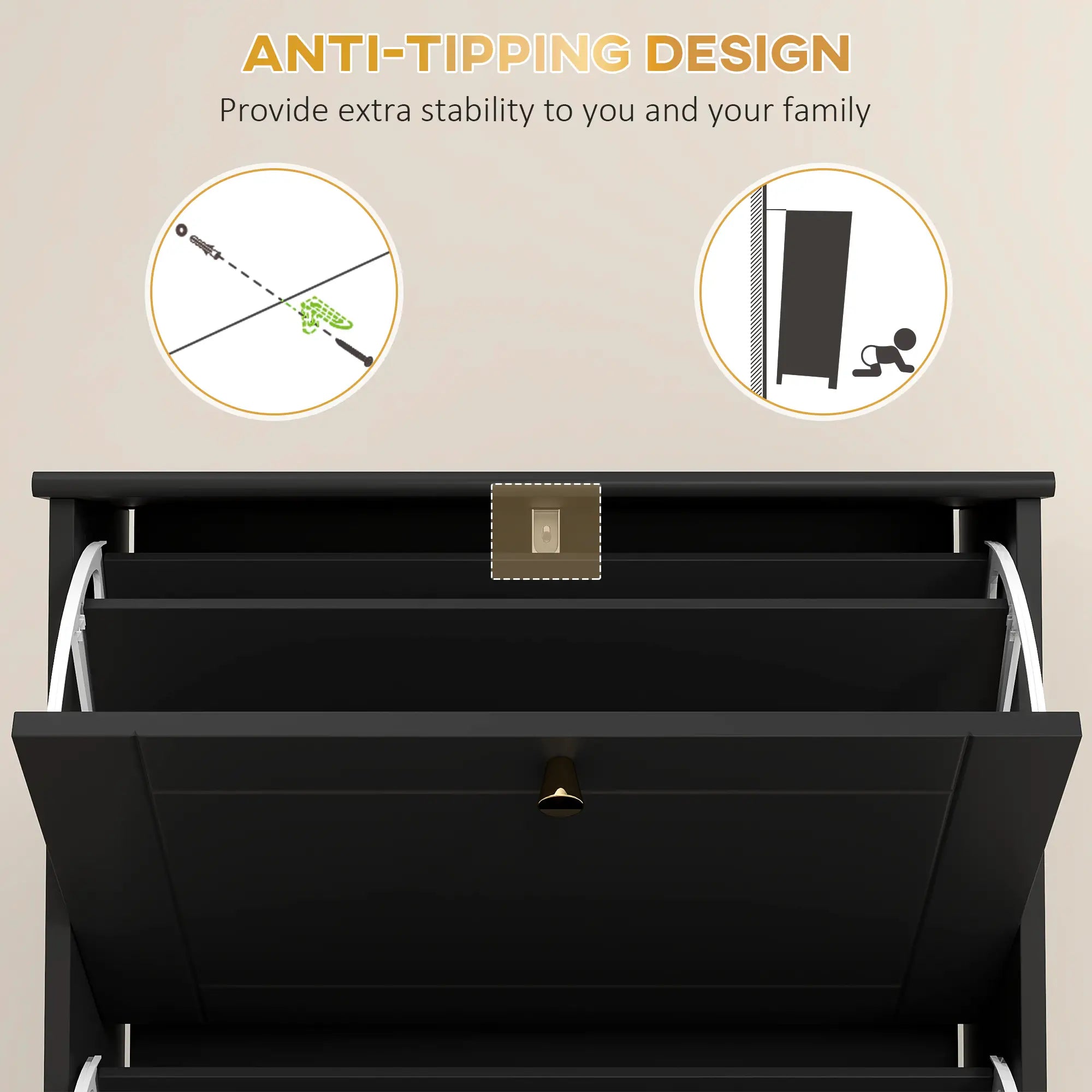 Narrow Shoe Storage, 3 Flip Drawers, Adjustable Shelves, Holds 12 Pairs, Black Shoe Storage Cabinets & Racks at Gallery Canada