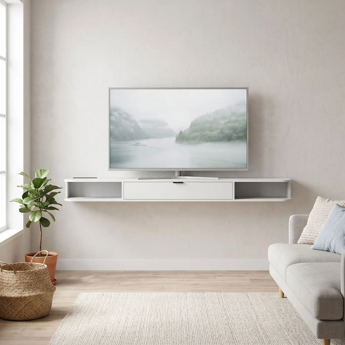 71 Inch Floating TV Stand, Wall Mounted Media Console, White TV Stands at Gallery Canada