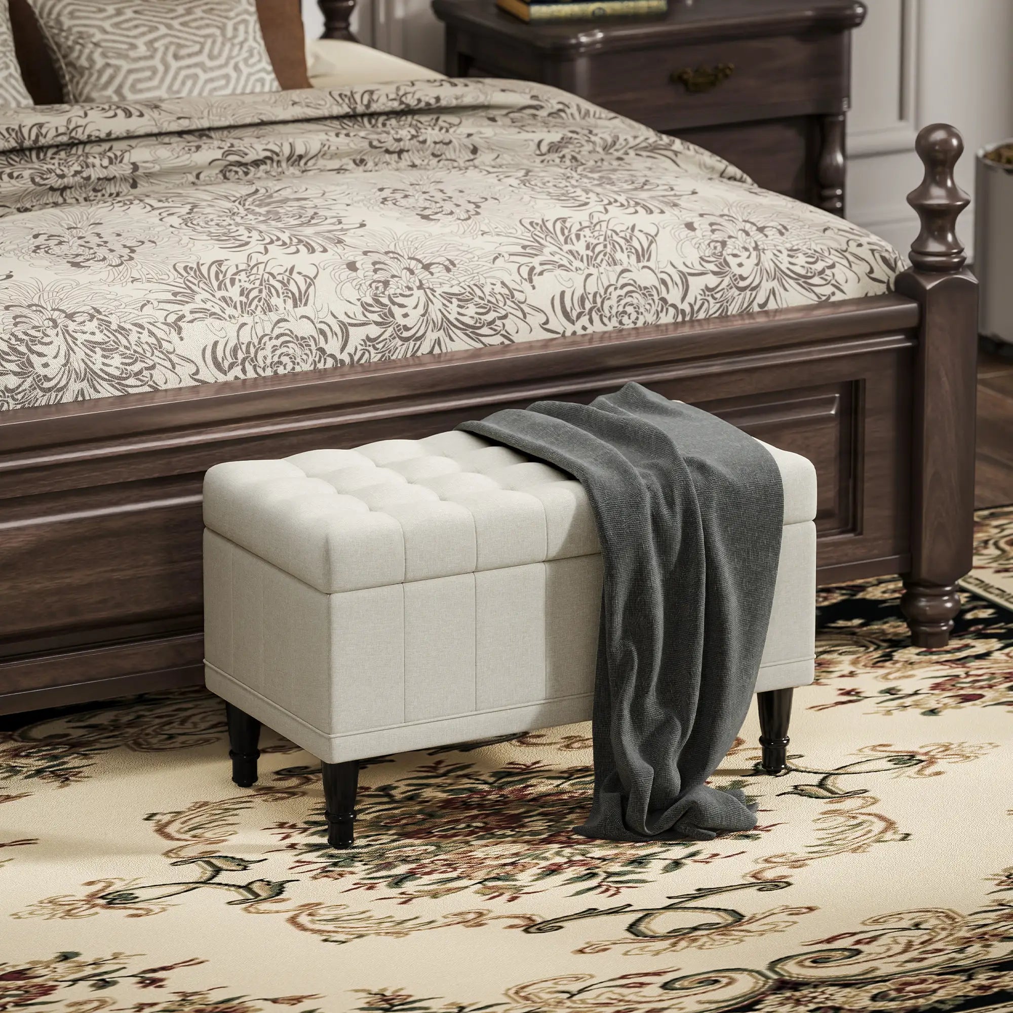 Linen Storage Ottoman, Button Tufted Bench for Bedroom, Beige Storage Ottomans & Benches at Gallery Canada