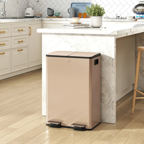 Dual Garbage Bin, Soft-Close Trash Can with Foot Pedal, 2 x 28 Liter Garbage Can with Removable Inner Buckets, Gold