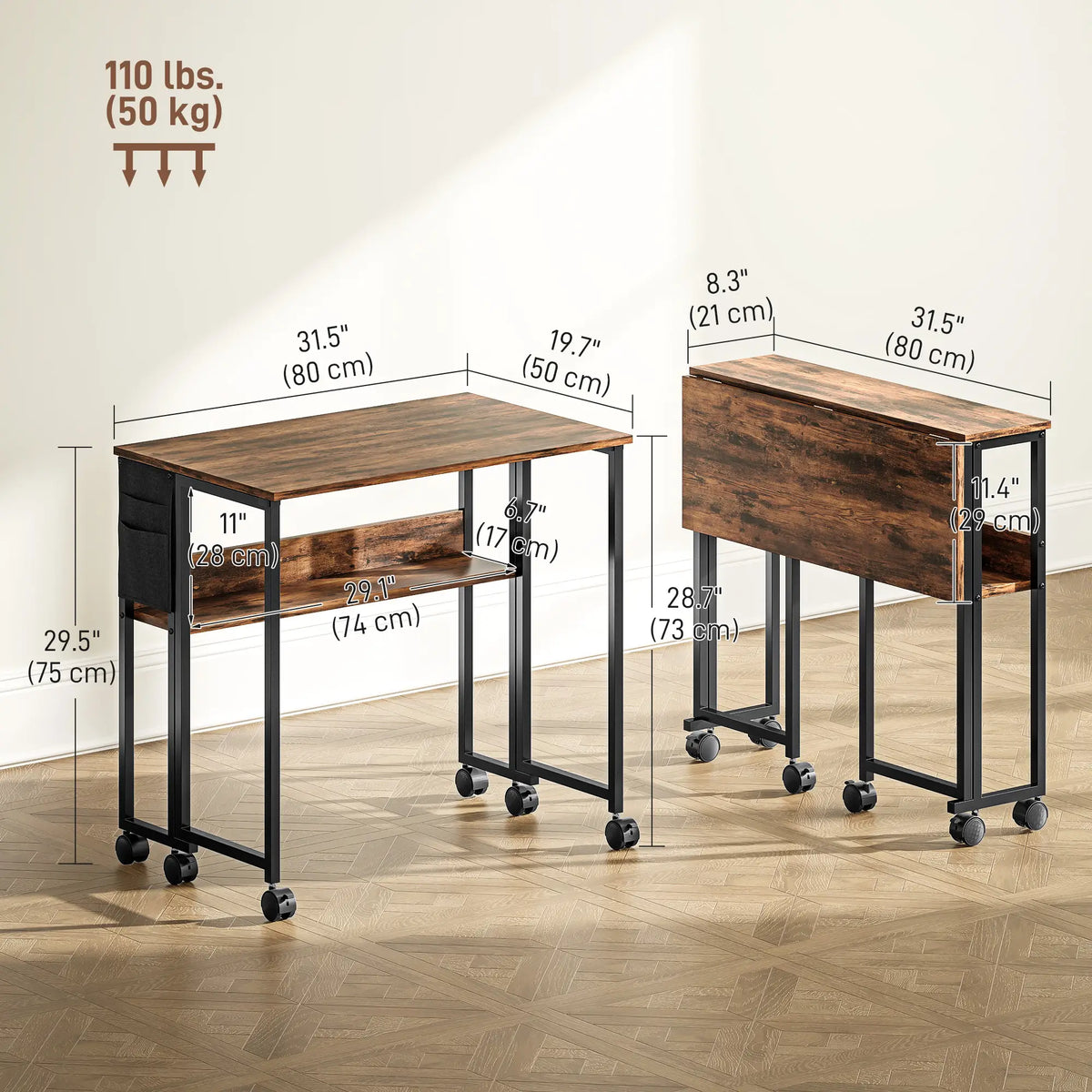 Folding Computer Desk with Storage Bag, Shelf and Wheels, Rustic Brown Writing Desks at Gallery Canada