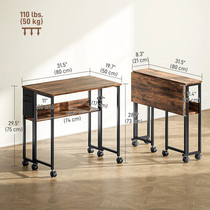 Folding Computer Desk with Storage Bag, Shelf and Wheels, Rustic Brown Writing Desks at Gallery Canada