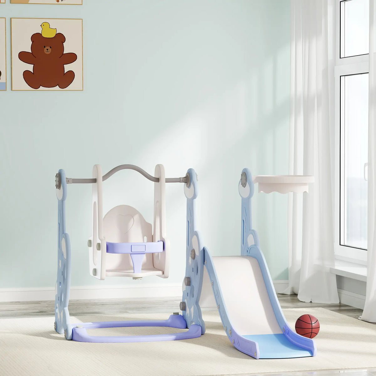 4-in-1 Slide Swing Set, Basketball Hoop, Climber, Ages 1.5-4, Rocket Themed, Light Blue Gym Sets & Swings at Gallery Canada