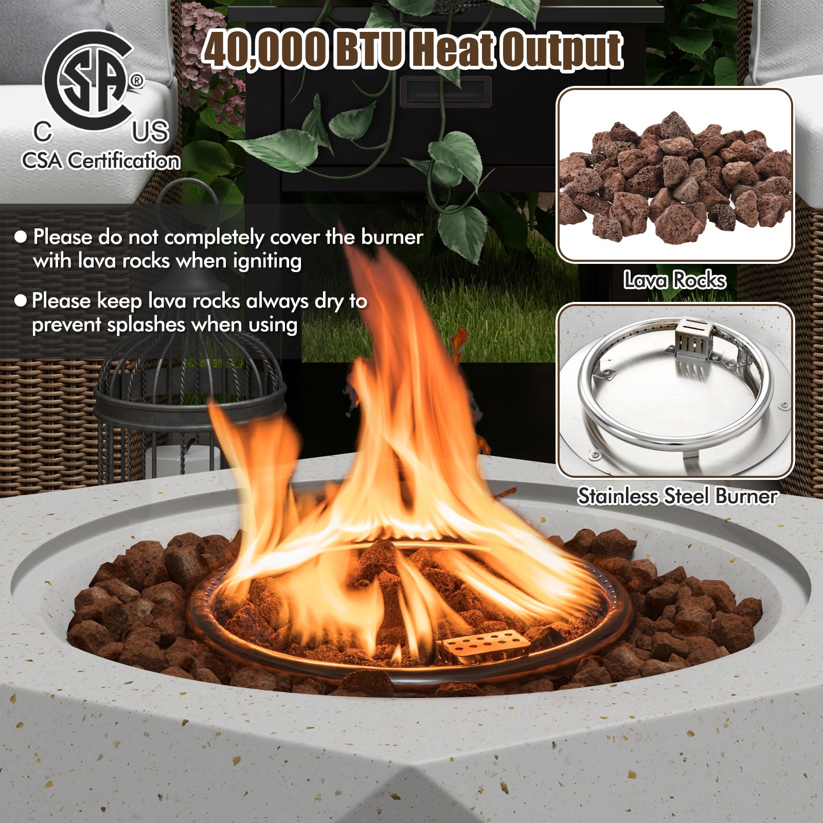 40,000 BTU Fire Pit Table Set, Stainless Steel Burner, White Fire Pit Tables at Gallery Canada