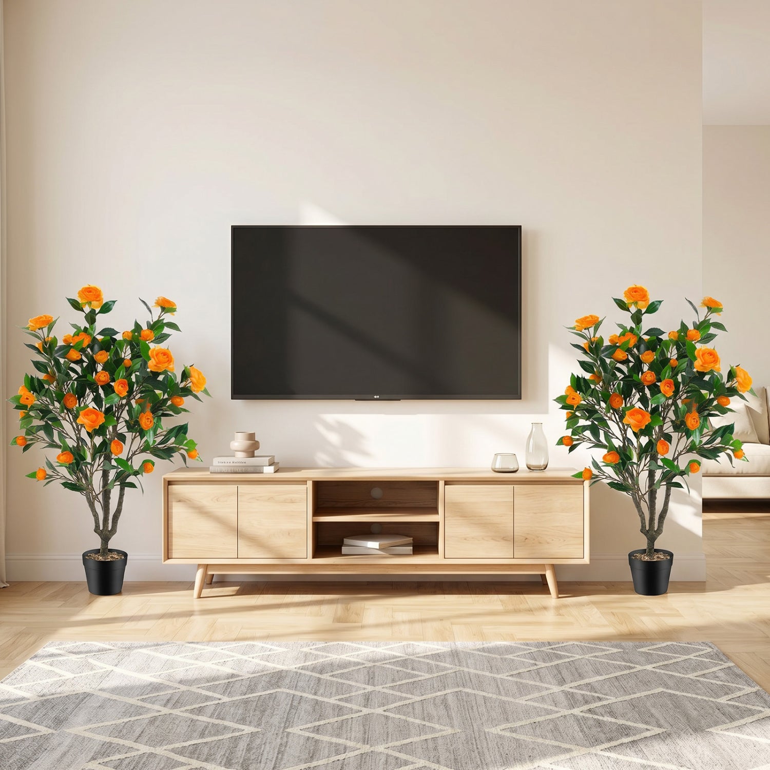 40 Inch Artificial Camellia Tree, 37 Flowers, River Stones, Orange Faux Plants at Gallery Canada