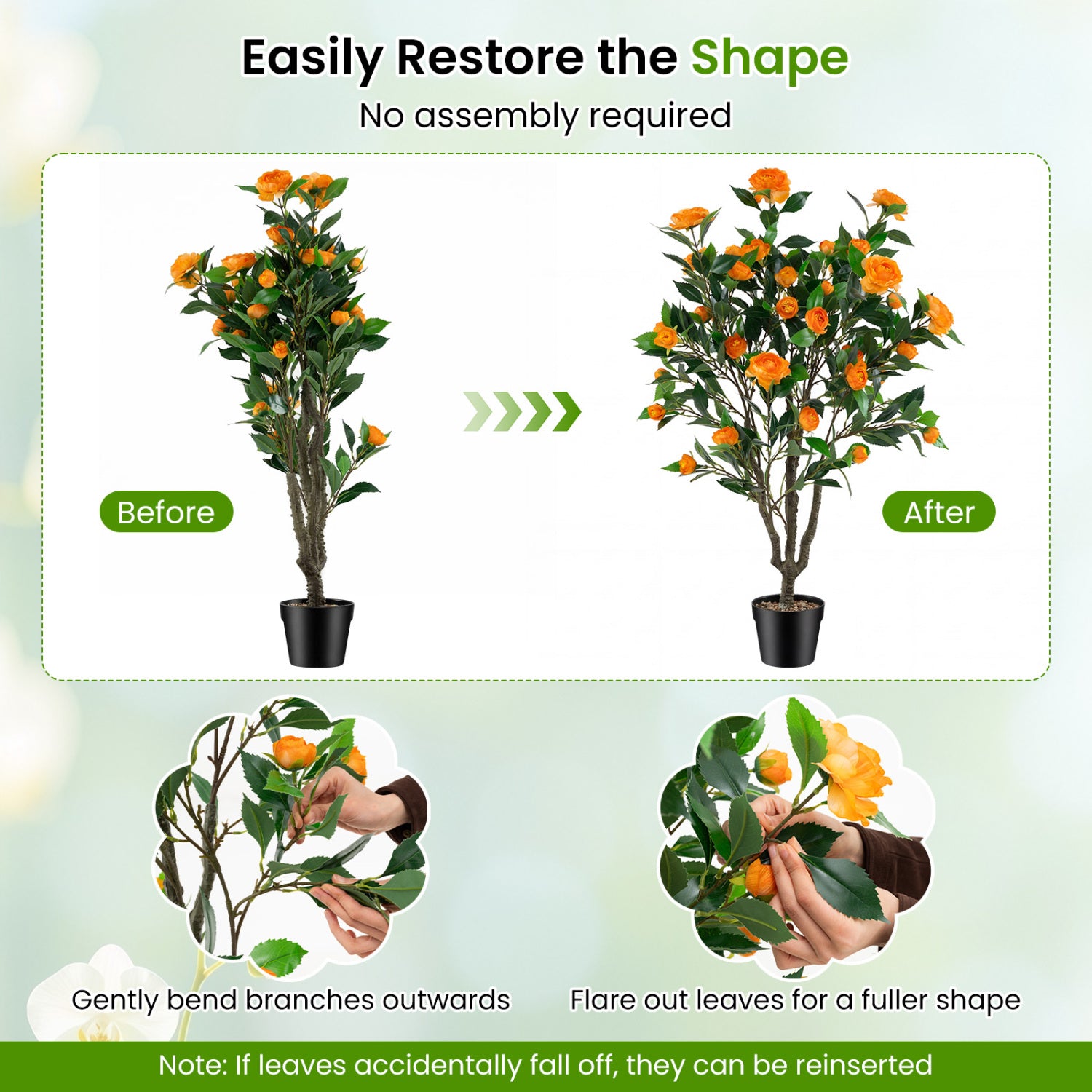40 Inch Artificial Camellia Tree, 37 Flowers, River Stones, Orange Faux Plants at Gallery Canada