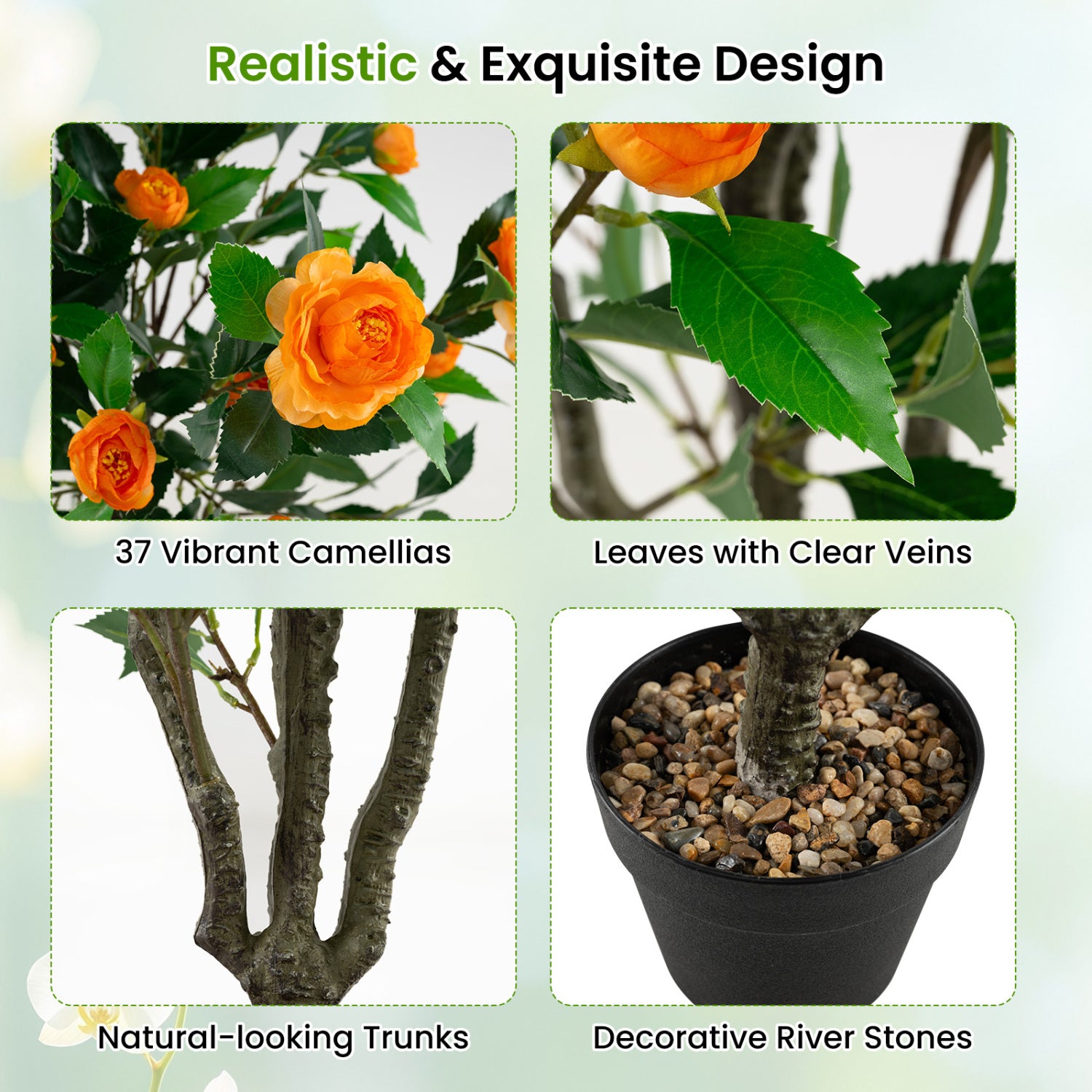 40 Inch Artificial Camellia Tree, 37 Flowers, River Stones, Orange Faux Plants at Gallery Canada