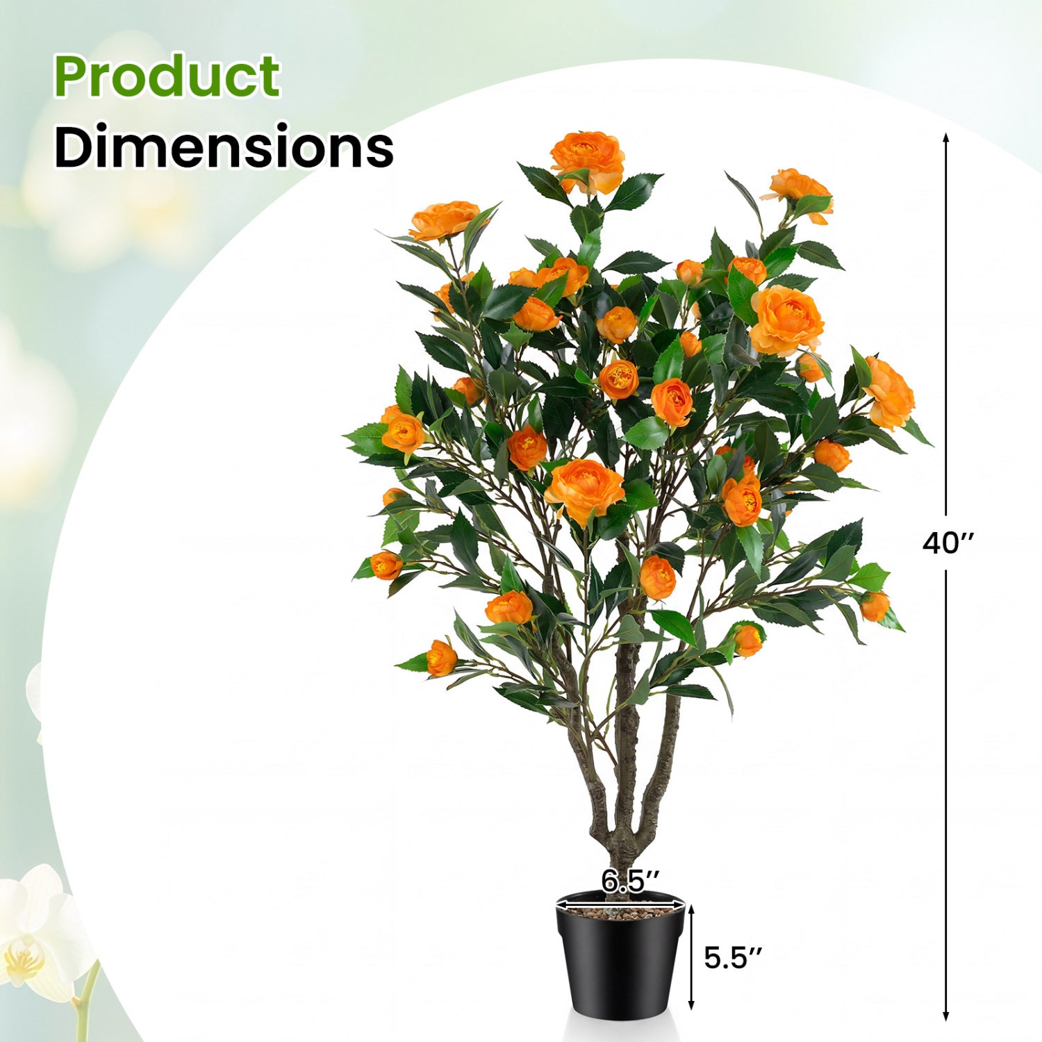 40 Inch Artificial Camellia Tree, 37 Flowers, River Stones, Orange Faux Plants at Gallery Canada