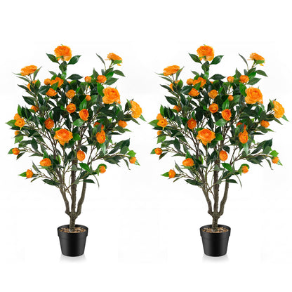 40 Inch Artificial Camellia Tree, 37 Flowers, River Stones, 2 Pack, Orange Faux Plants Orange at Gallery Canada