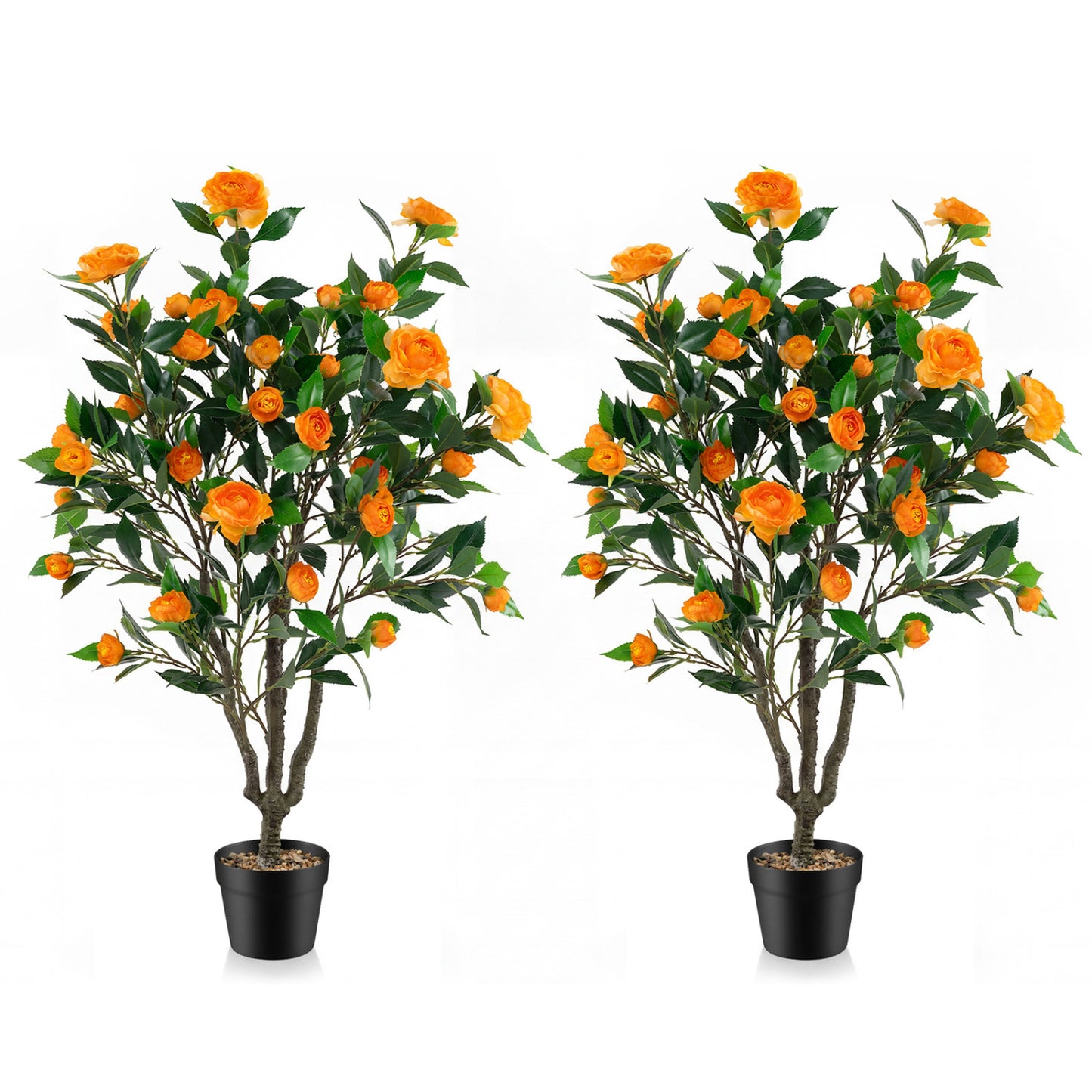 40 Inch Artificial Camellia Tree, 37 Flowers, River Stones, 2 Pack, Orange Faux Plants at Gallery Canada
