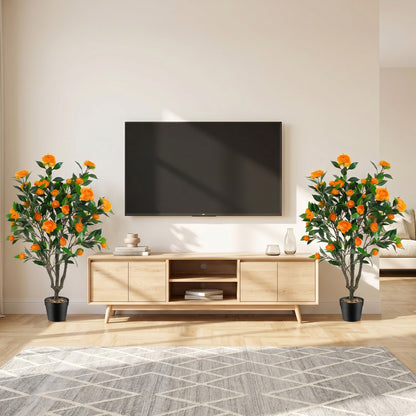 40 Inch Artificial Camellia Tree, 37 Flowers, River Stones, 2 Pack, Orange Faux Plants at Gallery Canada