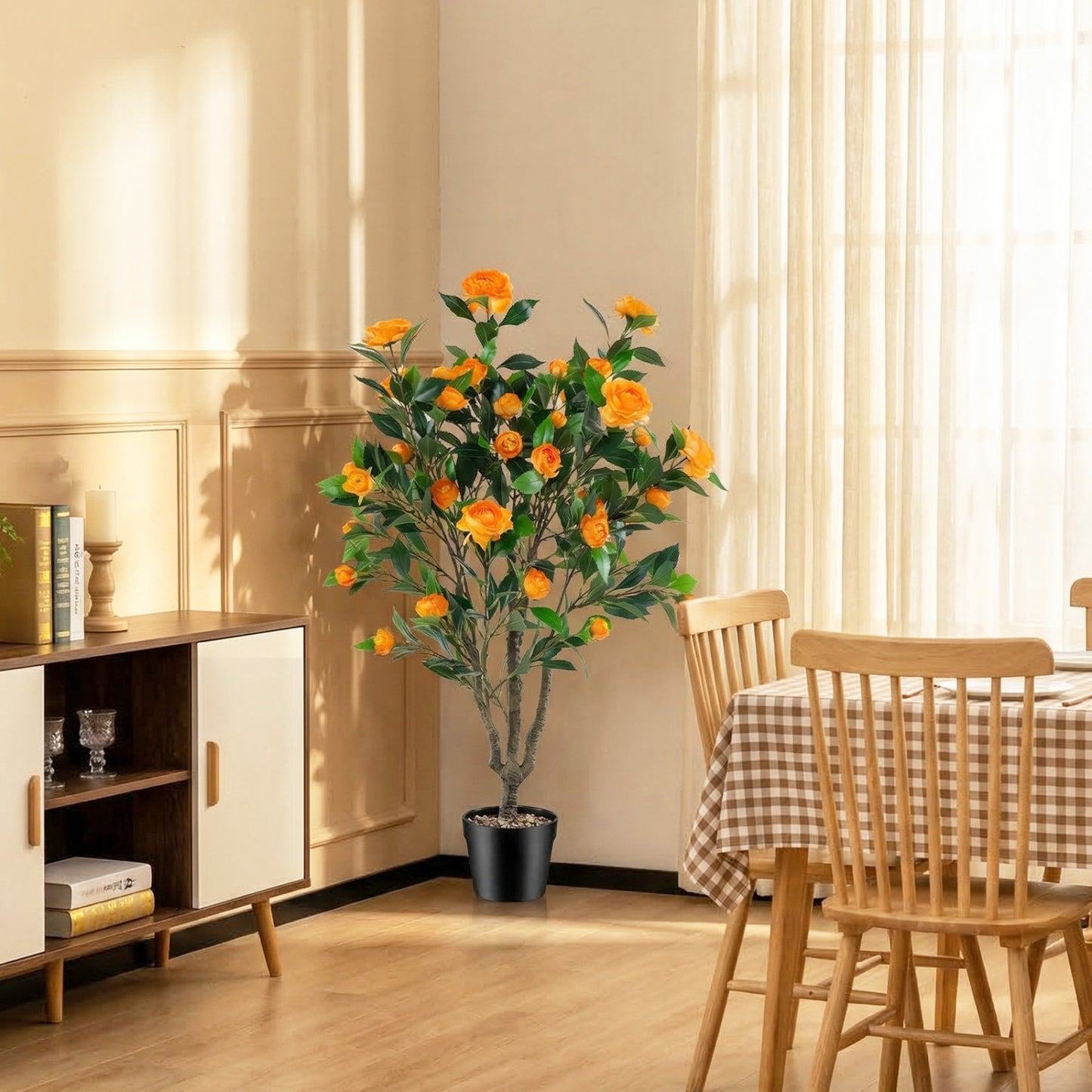 40 Inch Artificial Camellia Tree, 37 Flowers, River Stones, 2 Pack, Orange Faux Plants at Gallery Canada
