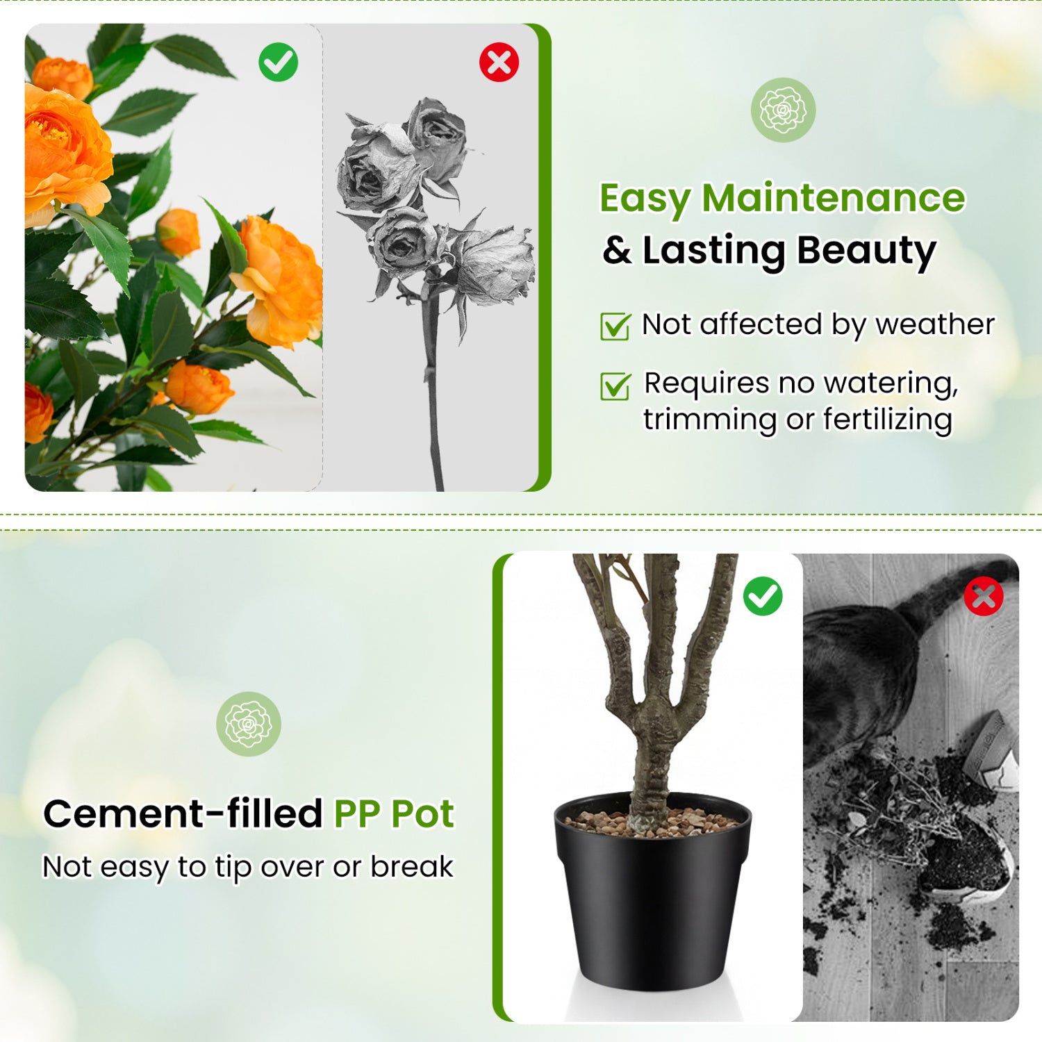 40 Inch Artificial Camellia Tree, 37 Flowers, River Stones, 2 Pack, Orange Faux Plants at Gallery Canada