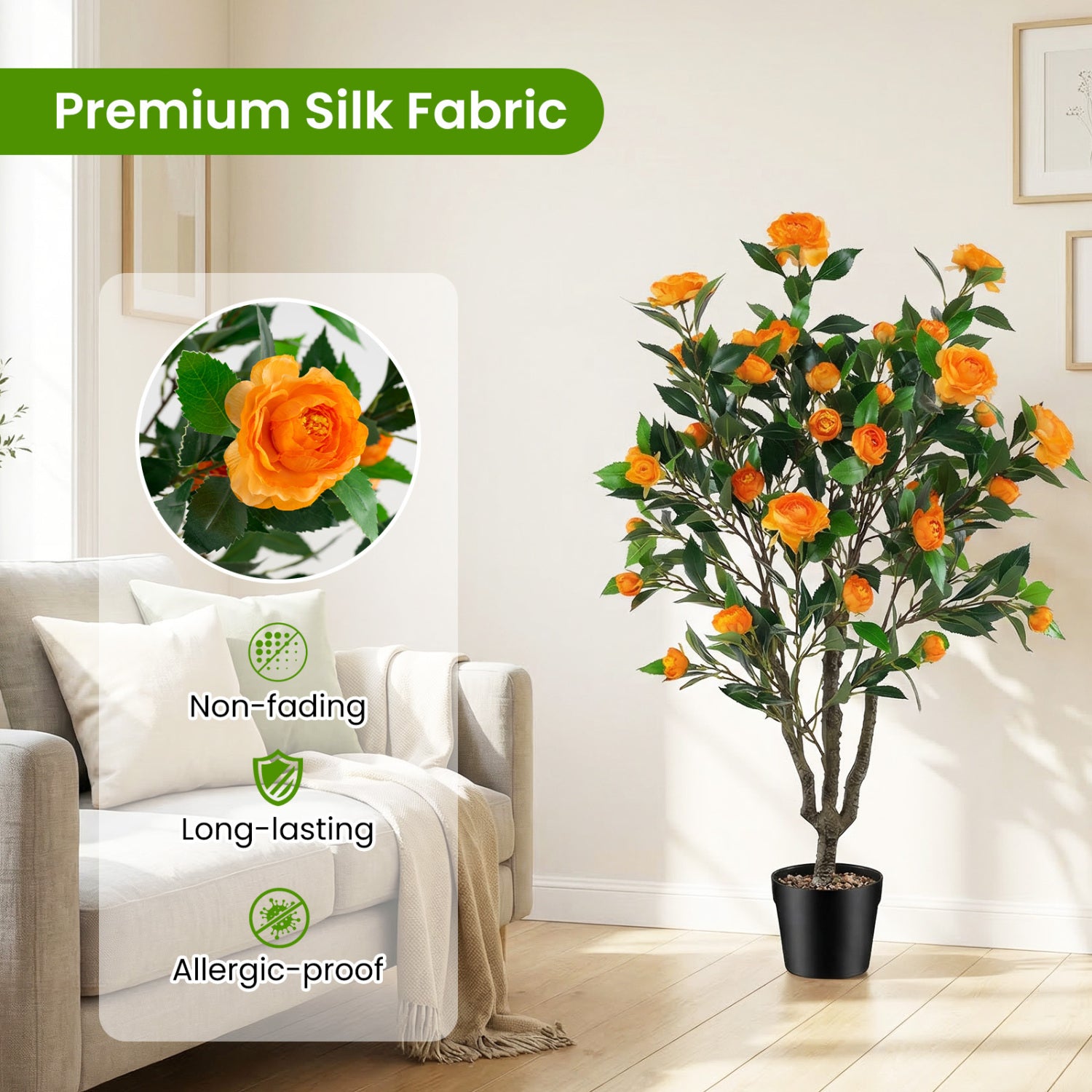 40 Inch Artificial Camellia Tree, 37 Flowers, River Stones, 2 Pack, Orange Faux Plants at Gallery Canada