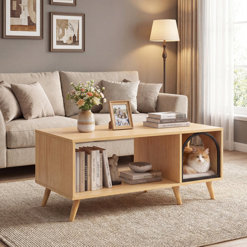 40 Inch Coffee Table Cat House 2-in-1 Wooden Kitten Furniture with Open Storage Shelf, Natural