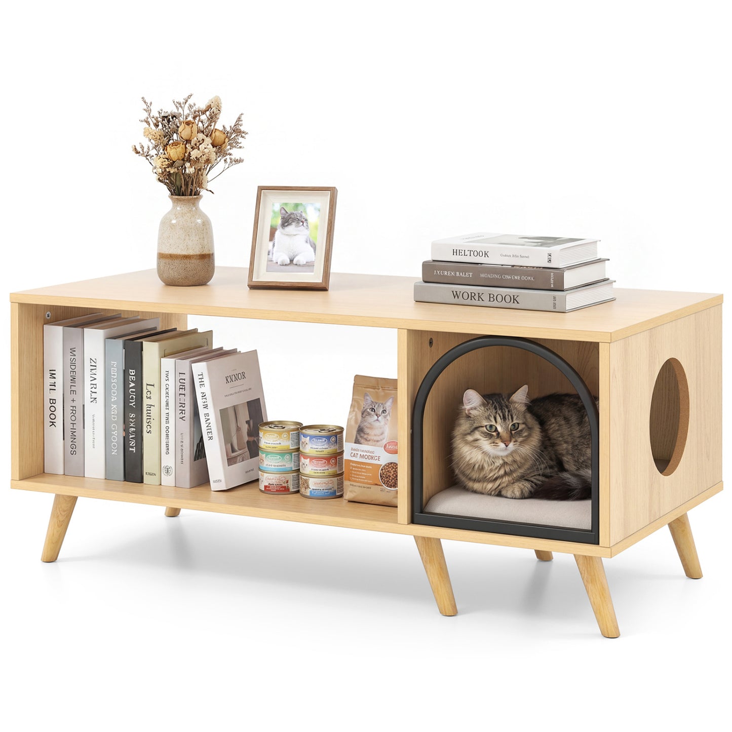 40 Inch Coffee Table Cat House 2-in-1 Wooden Kitten Furniture with Open Storage Shelf, Natural Cat Houses at Gallery Canada