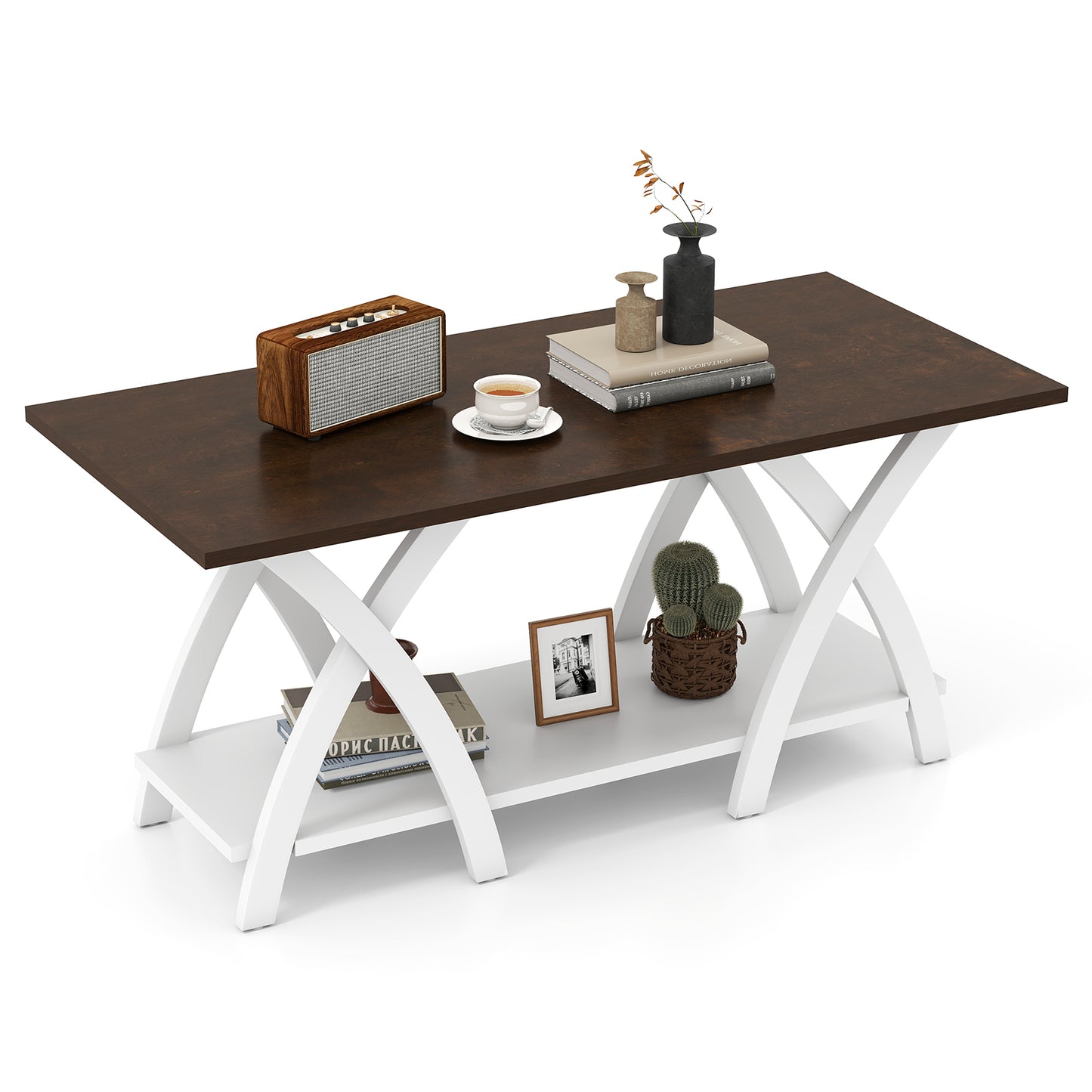 40 Inch Walnut Wooden 2-Tier Coffee Table With Storage Shelf Coffee Tables Walnut at Gallery Canada