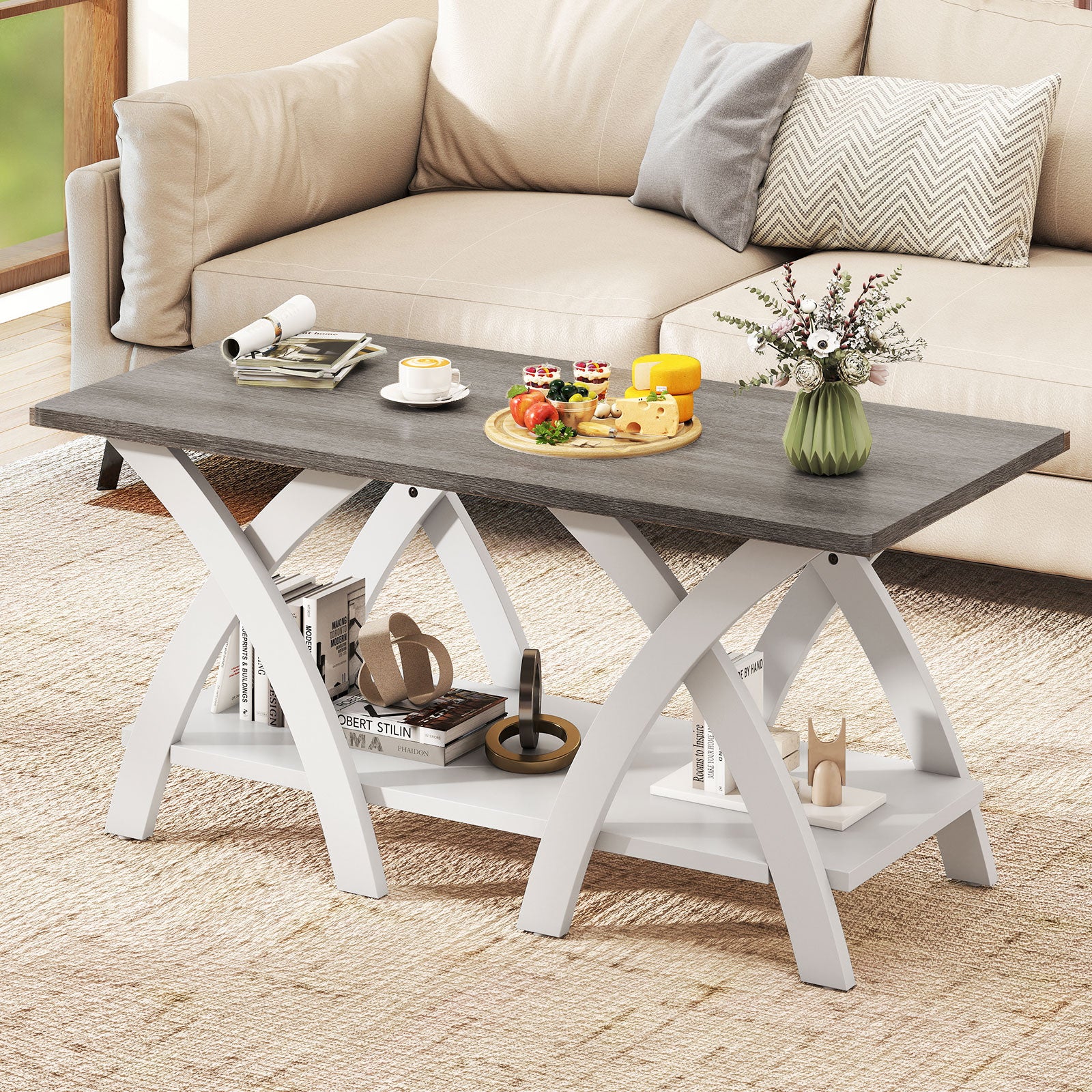 40 Inch Wooden Coffee Table With Storage Shelf, X-Shaped Legs, Gray Coffee Tables at Gallery Canada
