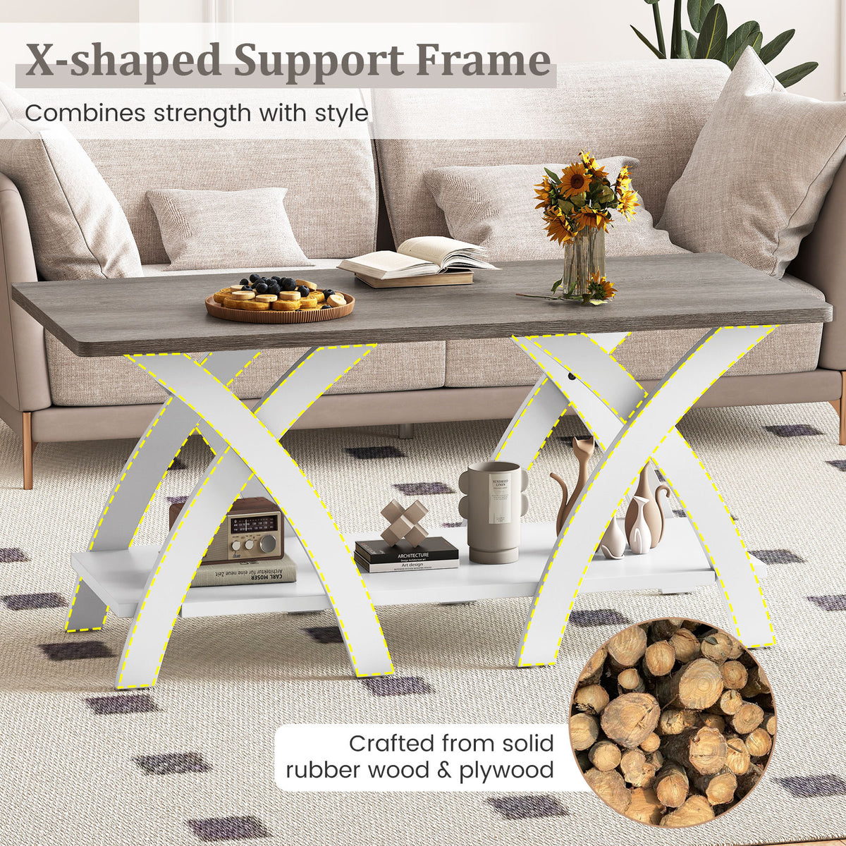 40 Inch Wooden Coffee Table With Storage Shelf, X-Shaped Legs, Gray Coffee Tables at Gallery Canada