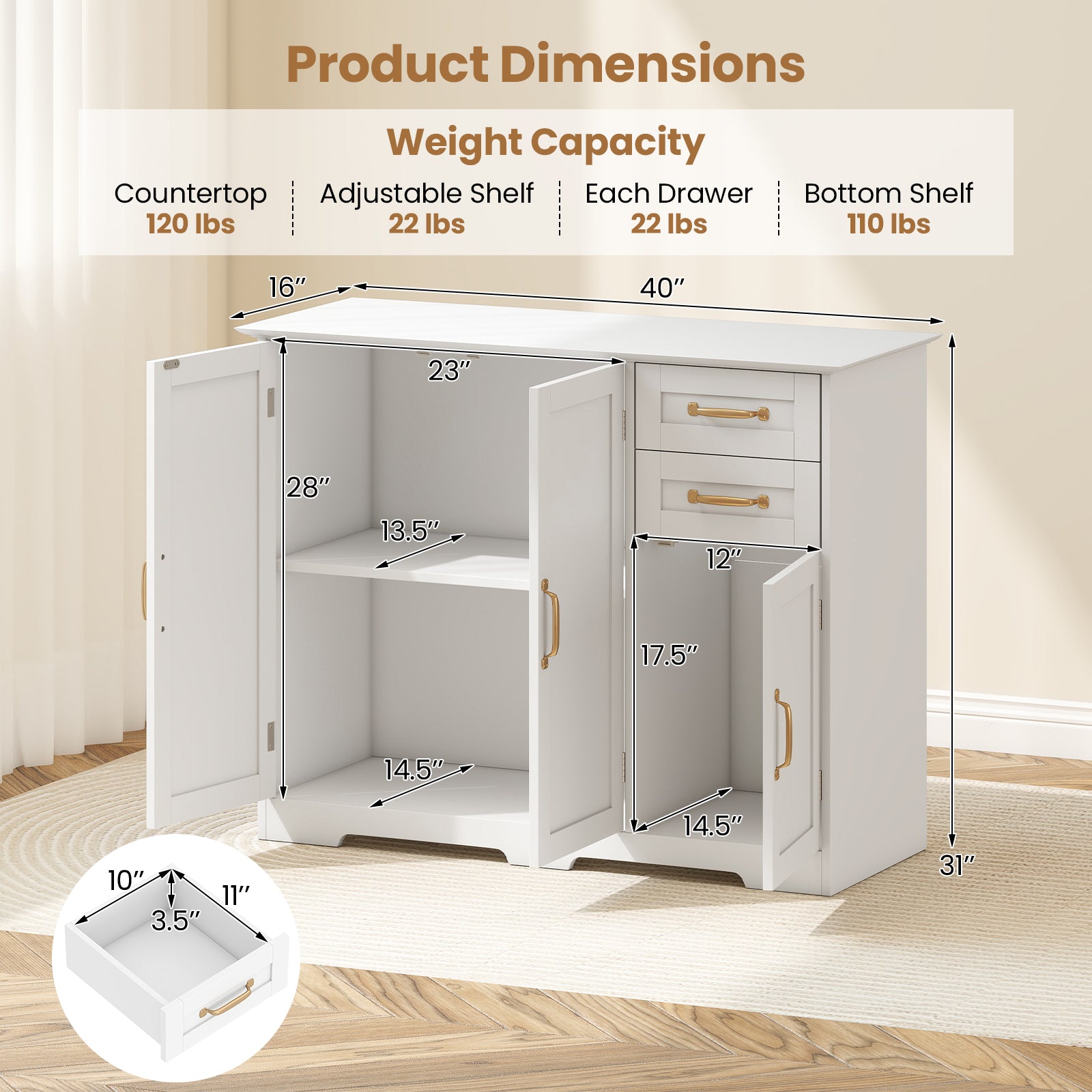 40 Inch Kitchen Sideboard Buffet Cabinet, 2 Drawers, Adjustable Shelf, White Sideboards Cabinets & Buffets at Gallery Canada