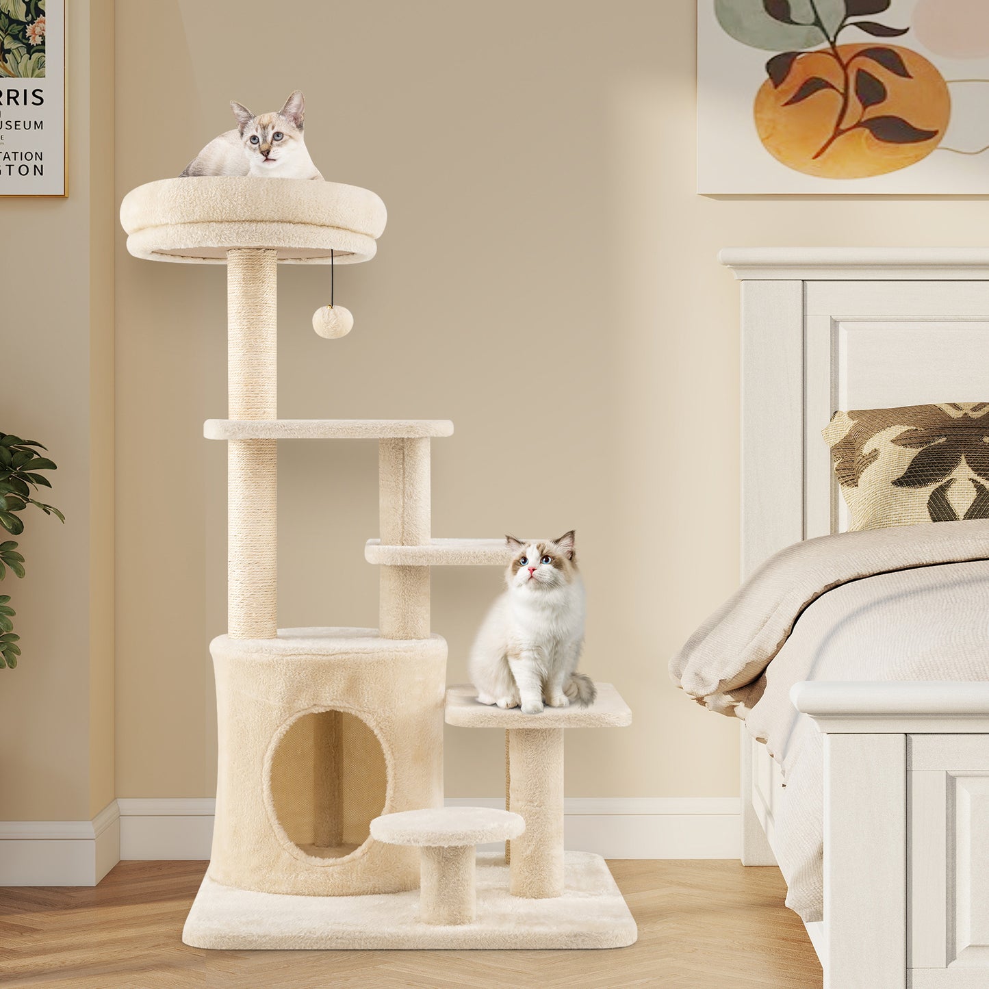 40 Inch Multi-level Cat Tower with Condo and Dangling Jingle Ball-BE, Beige Cat Trees Condos & Scratchers at Gallery Canada