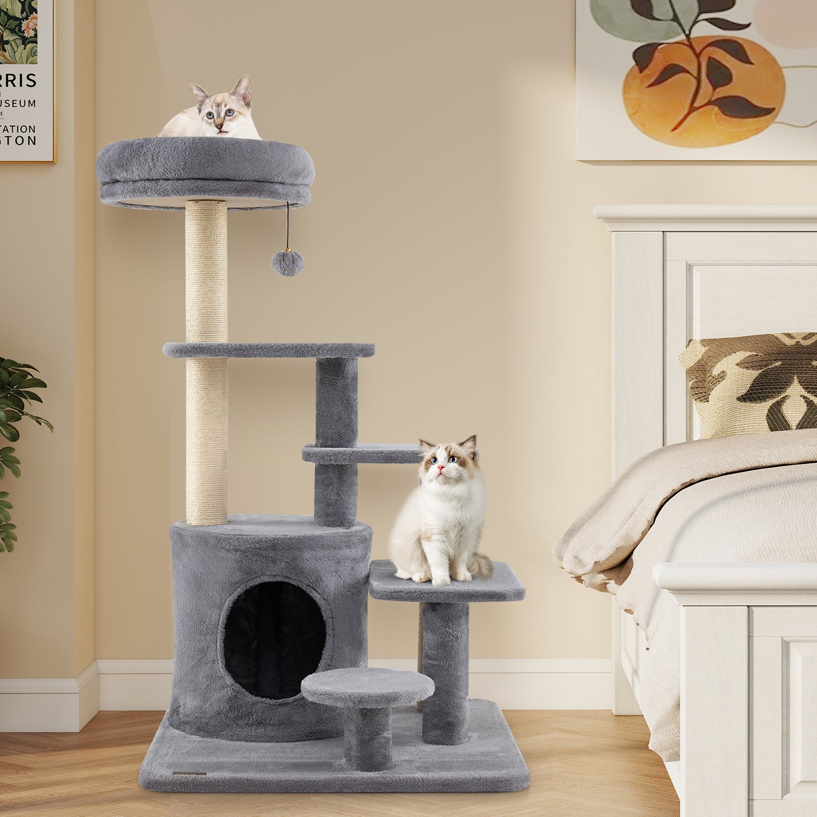 40 Inch Multi-level Cat Tower with Condo and Dangling Jingle Ball-GR, Gray Cat Trees Condos & Scratchers at Gallery Canada