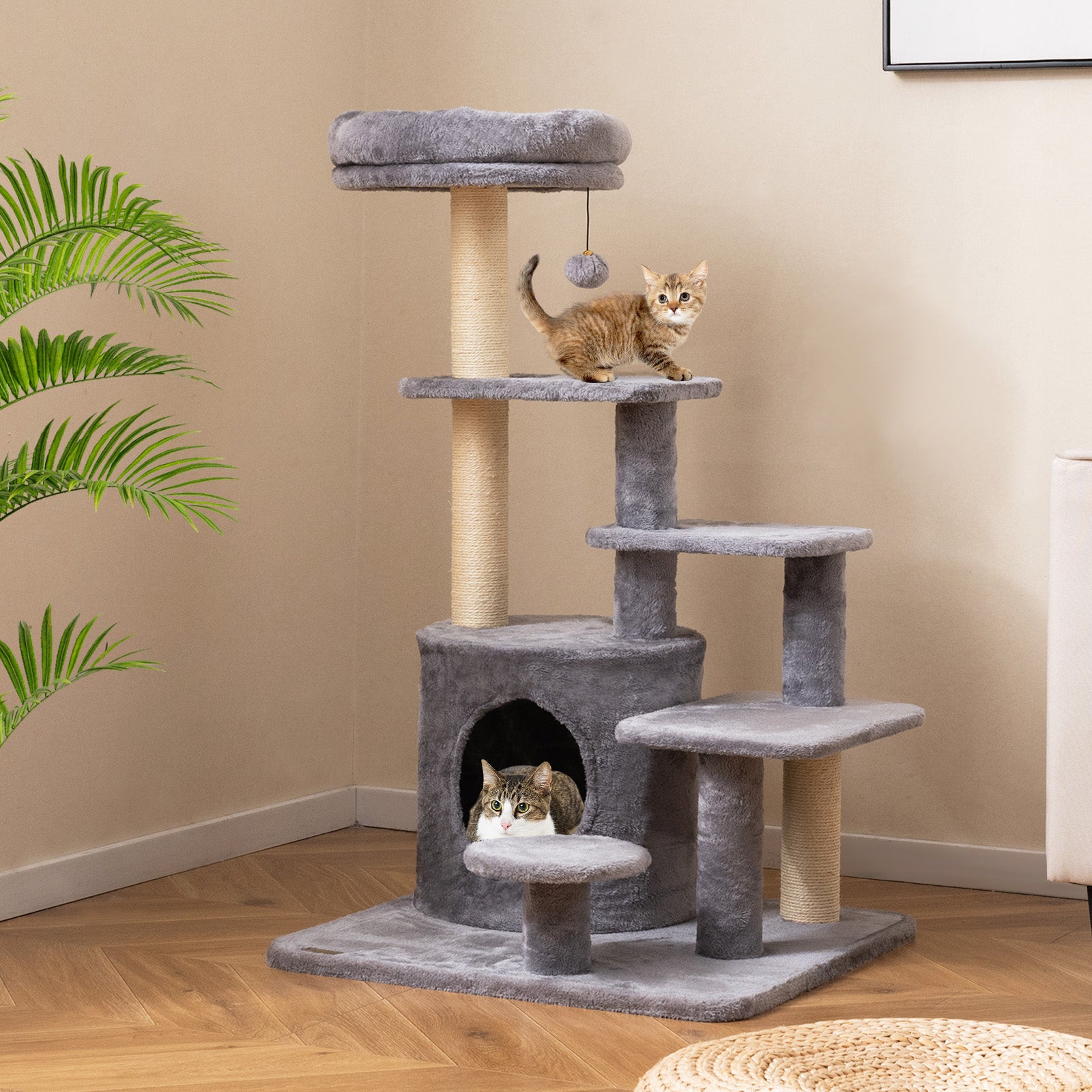 40 Inch Multi-level Cat Tower with Condo and Dangling Jingle Ball-GR, Gray Cat Trees Condos & Scratchers at Gallery Canada