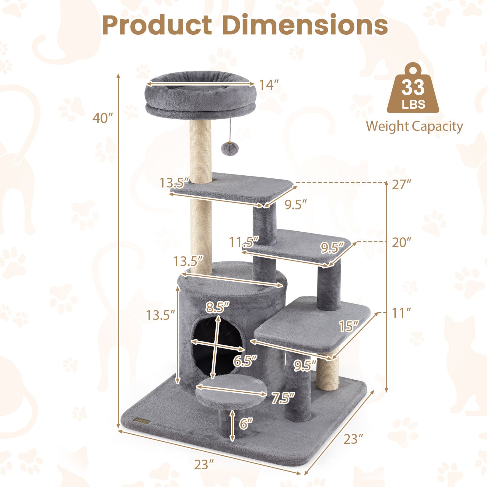 40 Inch Multi-level Cat Tower with Condo and Dangling Jingle Ball-GR, Gray Cat Trees Condos & Scratchers at Gallery Canada