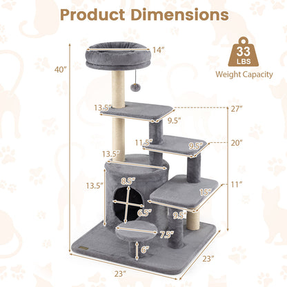 40 Inch Multi-level Cat Tower with Condo and Dangling Jingle Ball-GR, Gray Cat Trees Condos & Scratchers at Gallery Canada