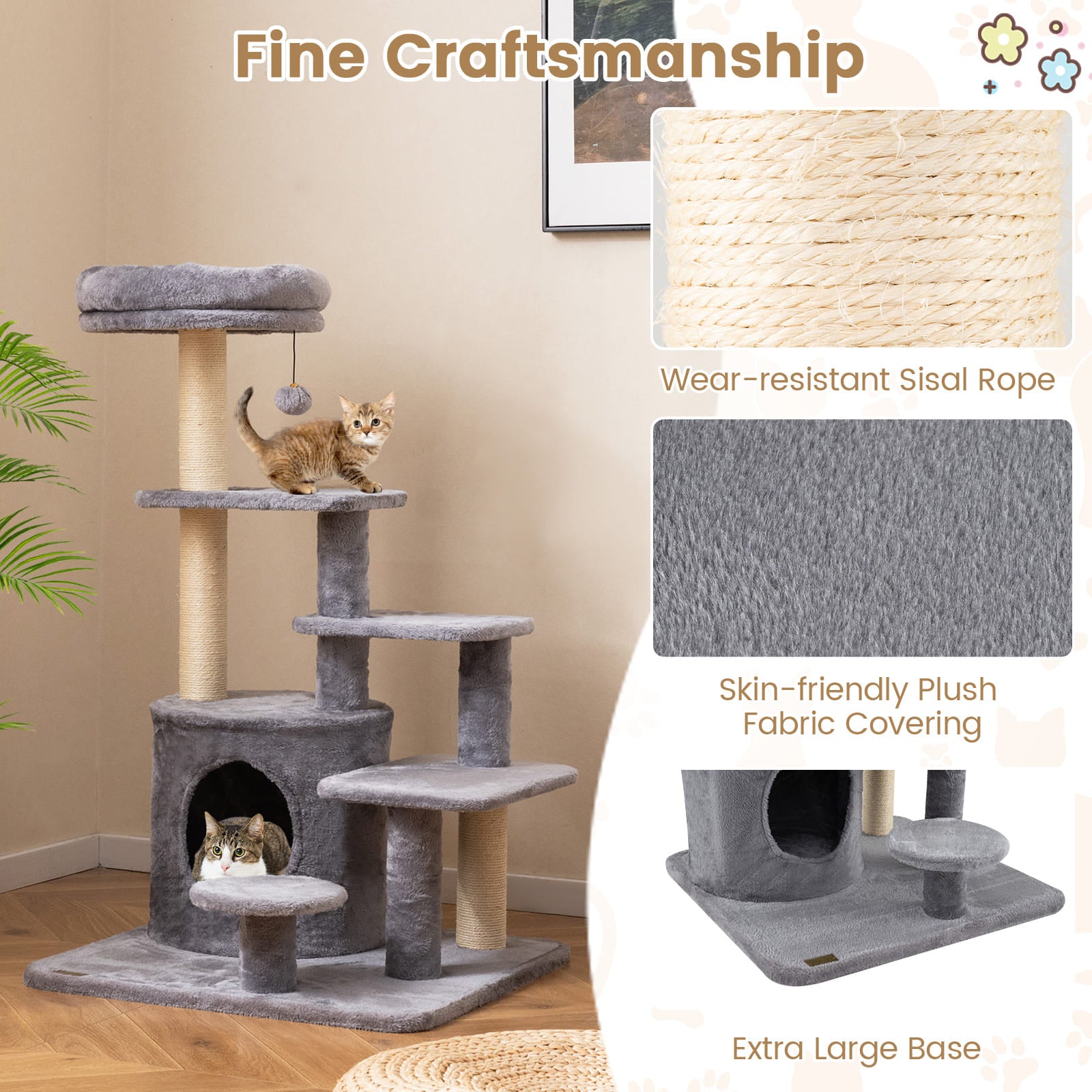 40 Inch Multi-level Cat Tower with Condo and Dangling Jingle Ball-GR, Gray Cat Trees Condos & Scratchers at Gallery Canada