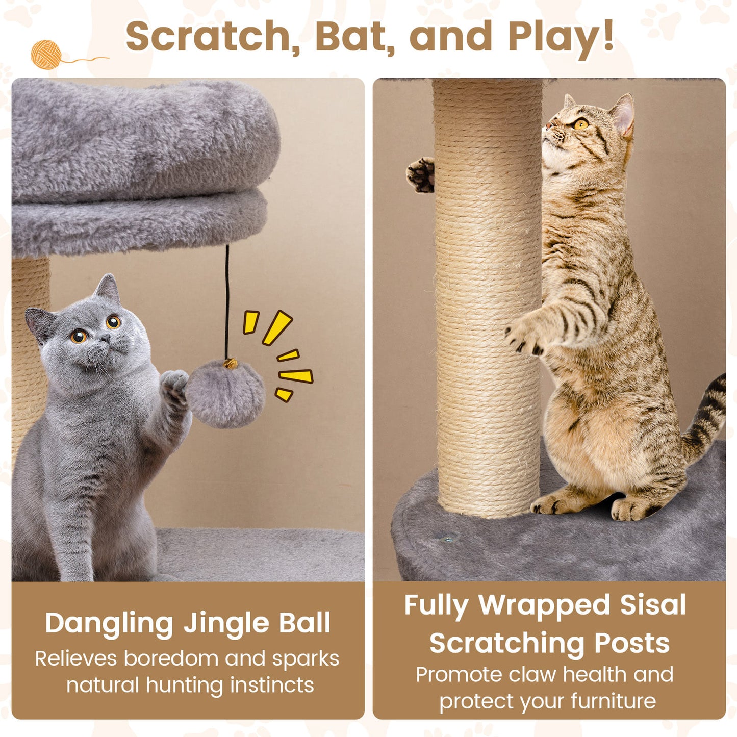 40 Inch Multi-level Cat Tower with Condo and Dangling Jingle Ball-GR, Gray Cat Trees Condos & Scratchers at Gallery Canada