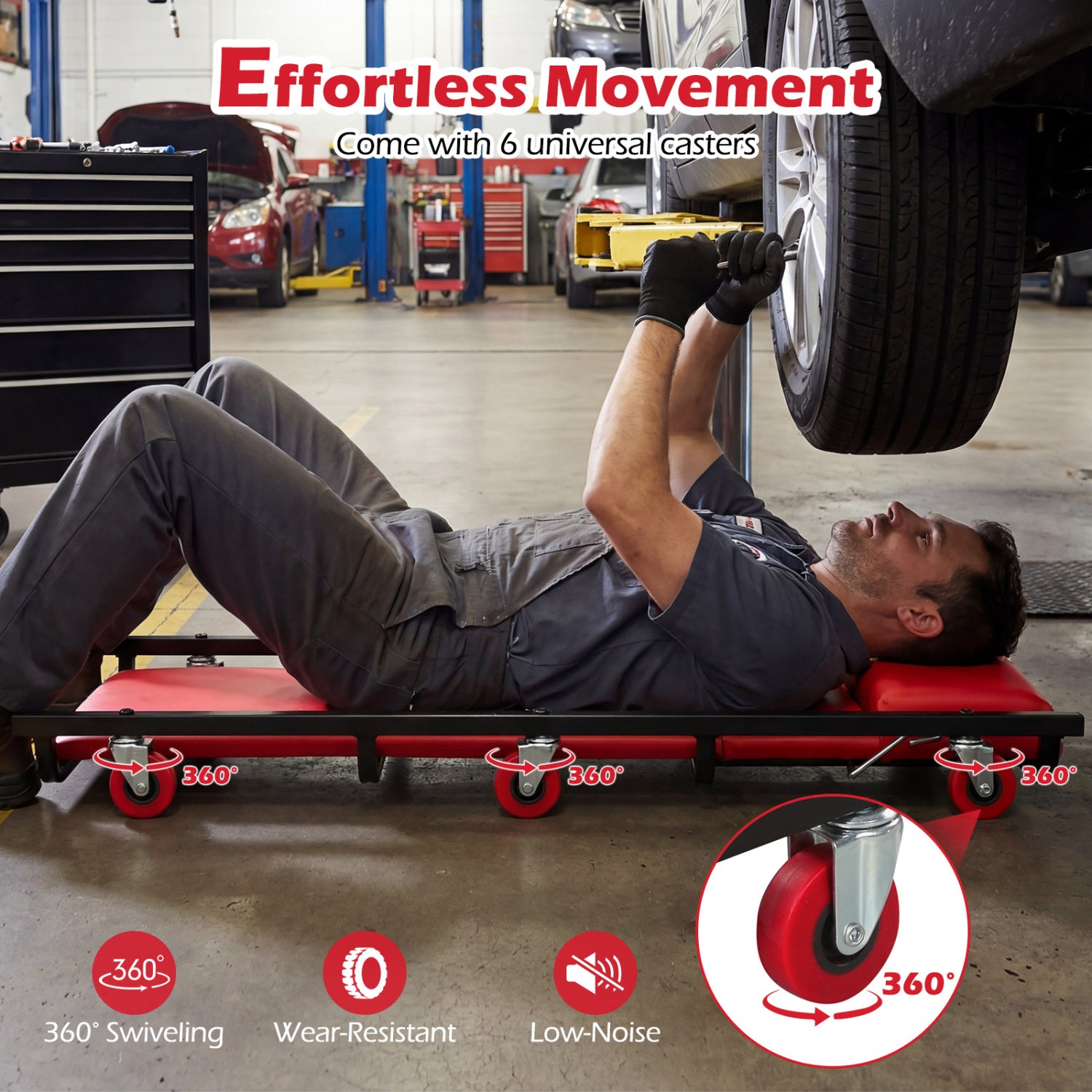 40 Inch Rolling Creeper Cart, Adjustable Backrest, Headrest, Red Garages at Gallery Canada