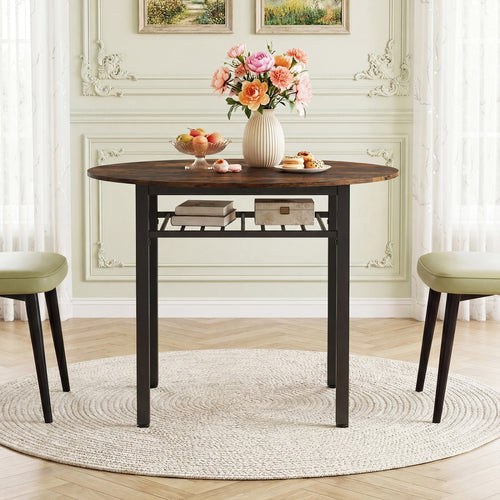 40” Round Kitchen Table with Storage Shelf and Metal Frame for 4 People, Rustic Brown